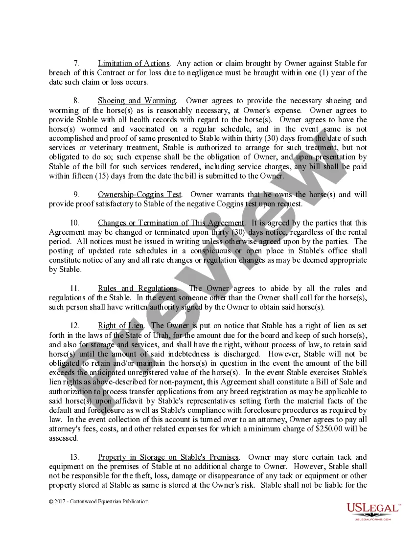 Preview Boarding Stable Agreement - Horse Equine Forms