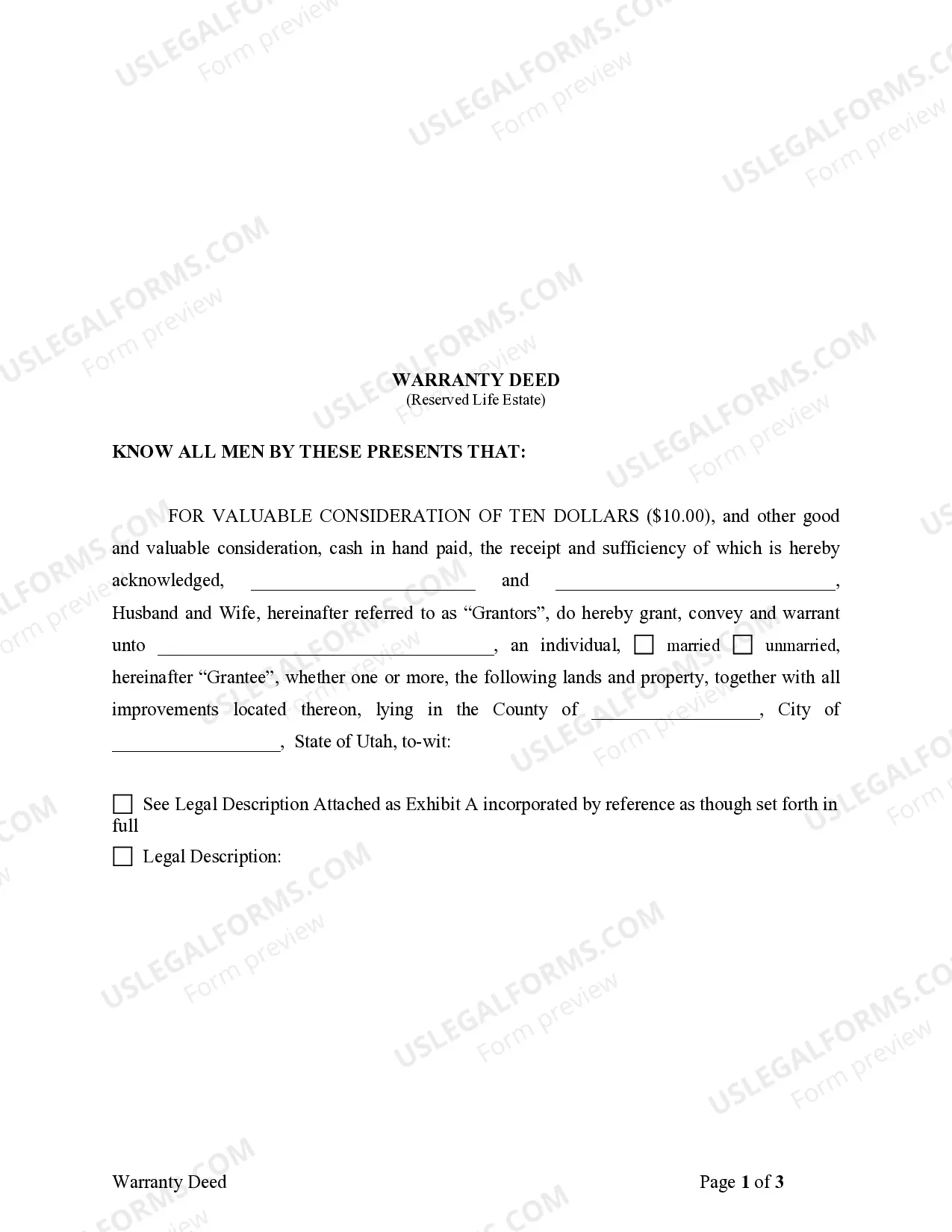 Preview Warranty Deed to Child Reserving a Life Estate in the Parents