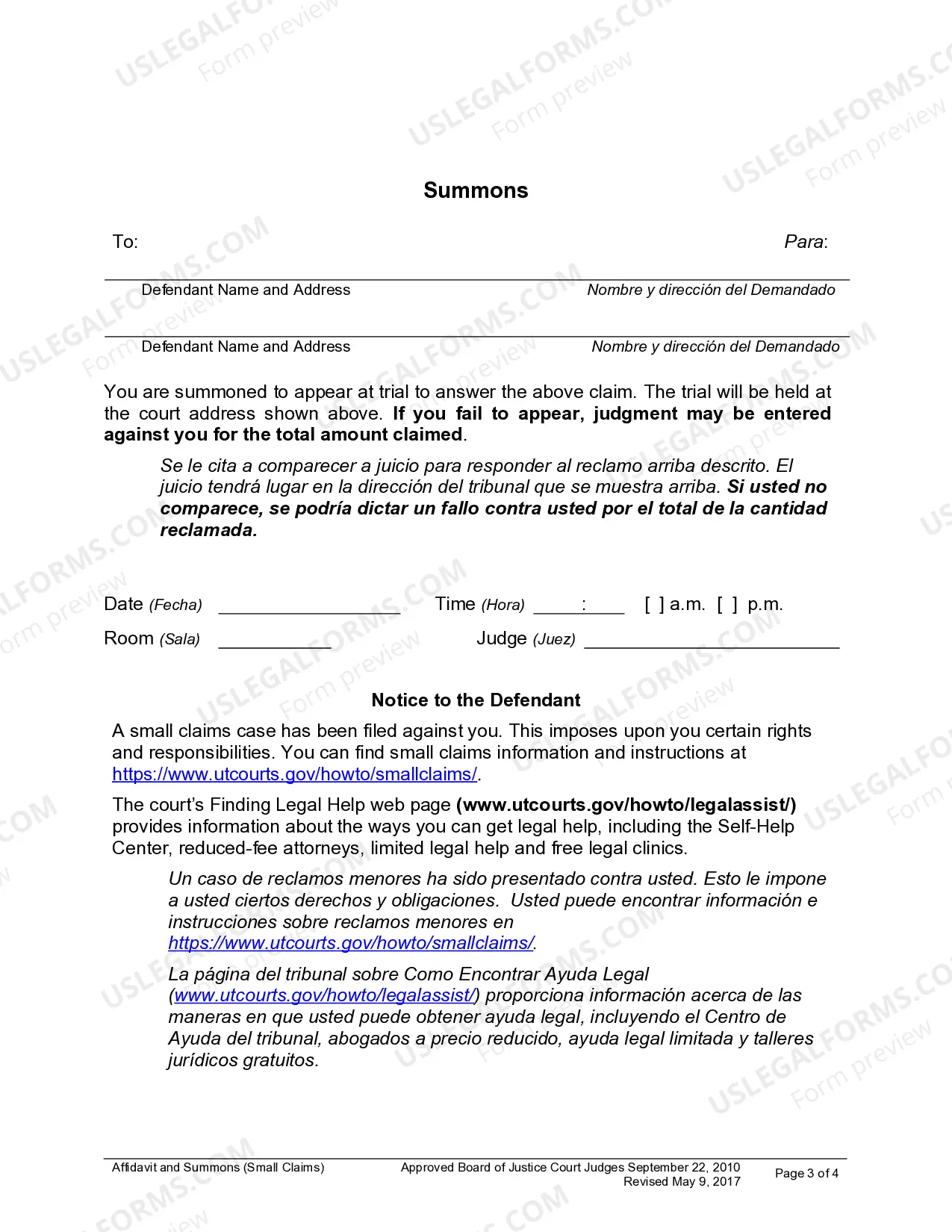 Preview Small Claims Affidavit and Summons
