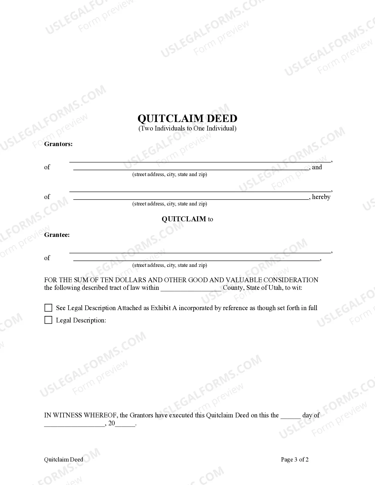 Preview Quitclaim Deed - Two Individuals to One Individual