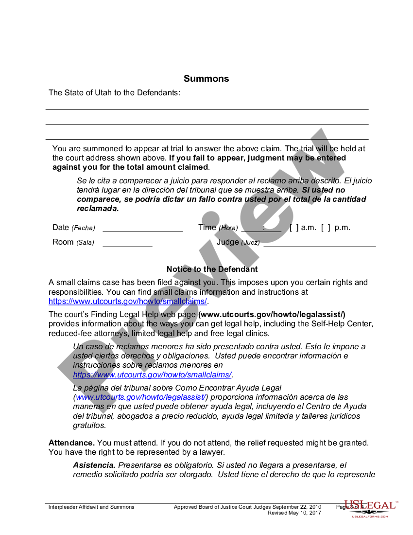 Provo Utah Small Claims Interpleader Affidavit and Order | US Legal Forms