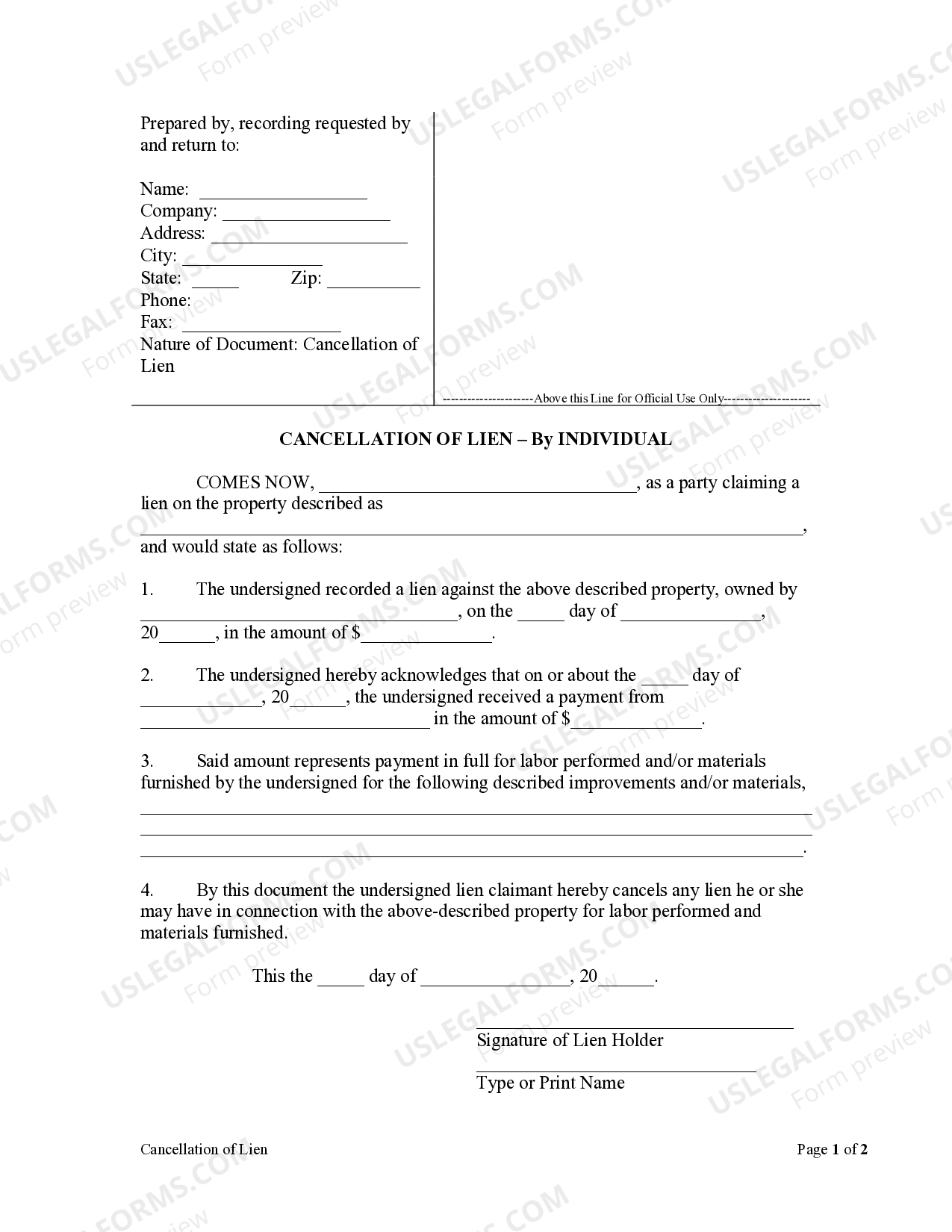 Utah Cancellation of Lien by Individual US Legal Forms
