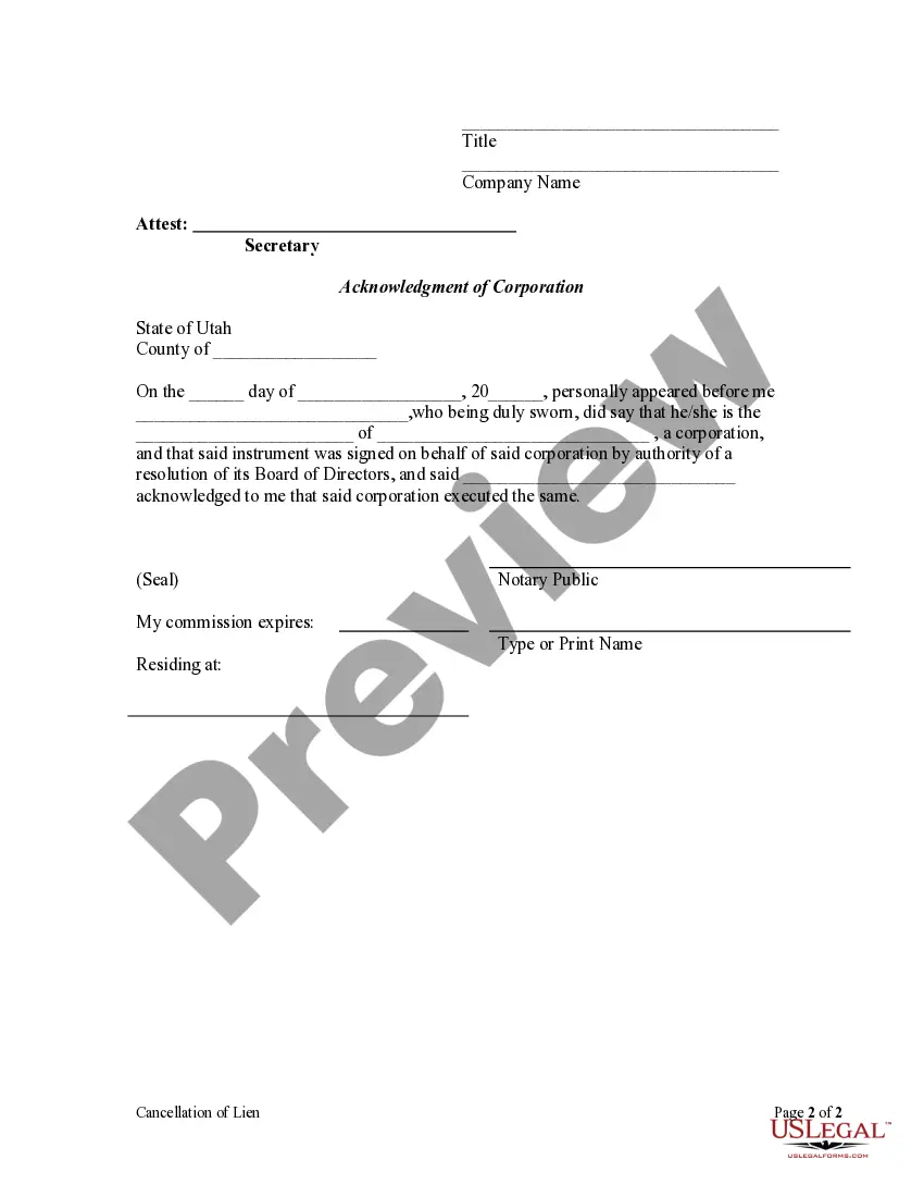 Preview Cancellation of Lien by Corporation