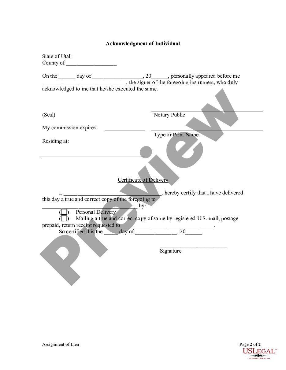 Utah Assignment Of Lien Individual Us Legal Forms 1537