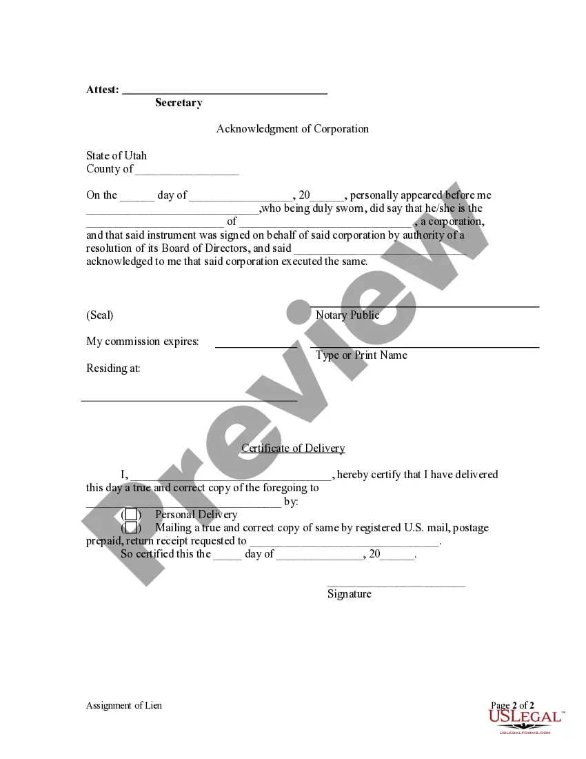 Preview Assignment of Lien - Corporation