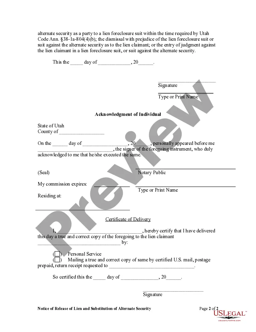 Preview Notice of Release of Lien and Substitution of Alternate Security - Individual
