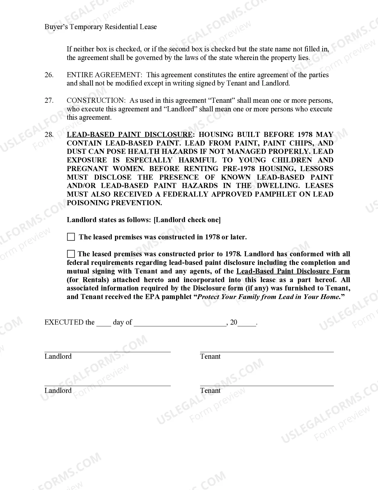 Preview Temporary Lease Agreement to Prospective Buyer of Residence prior to Closing