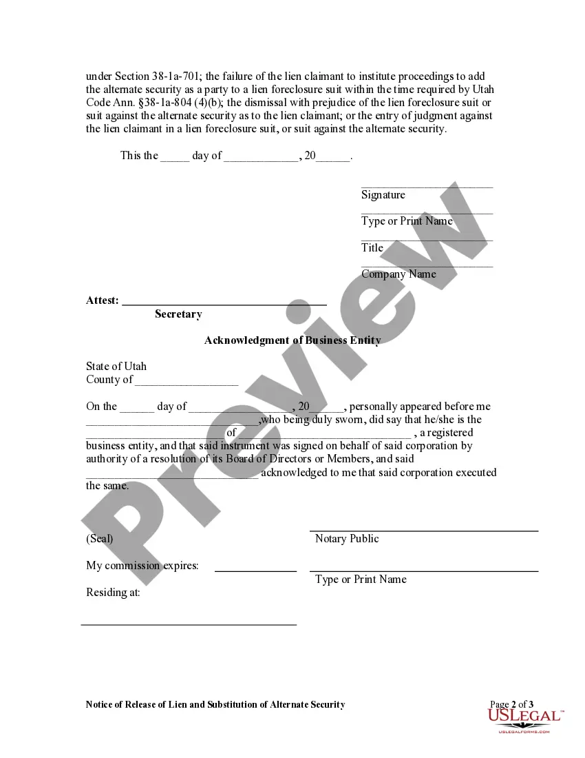 Preview Notice of Release of Lien and Substitution of Alternate Security - Corporation