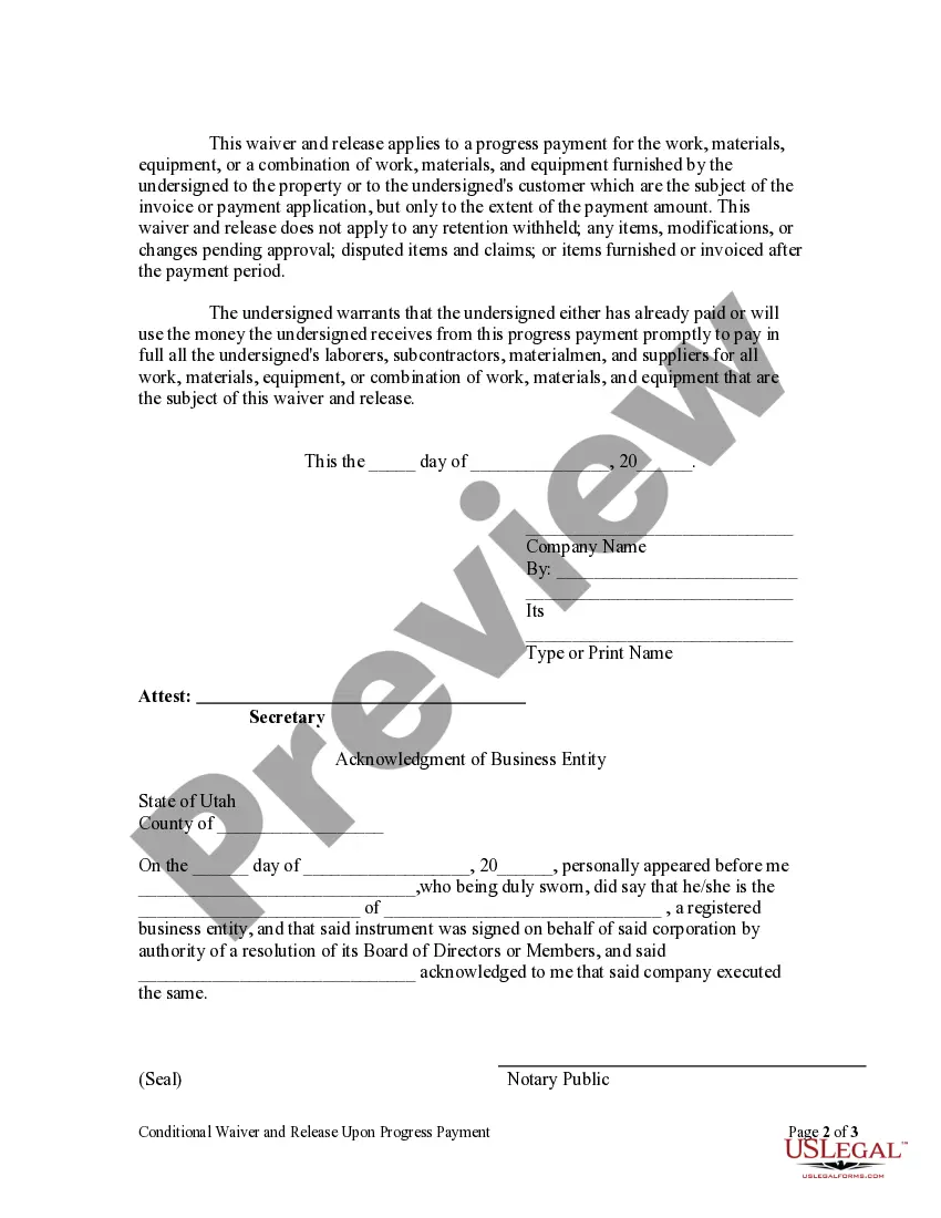 Preview Conditional Waiver and Release Upon Progress Payment - Corporation