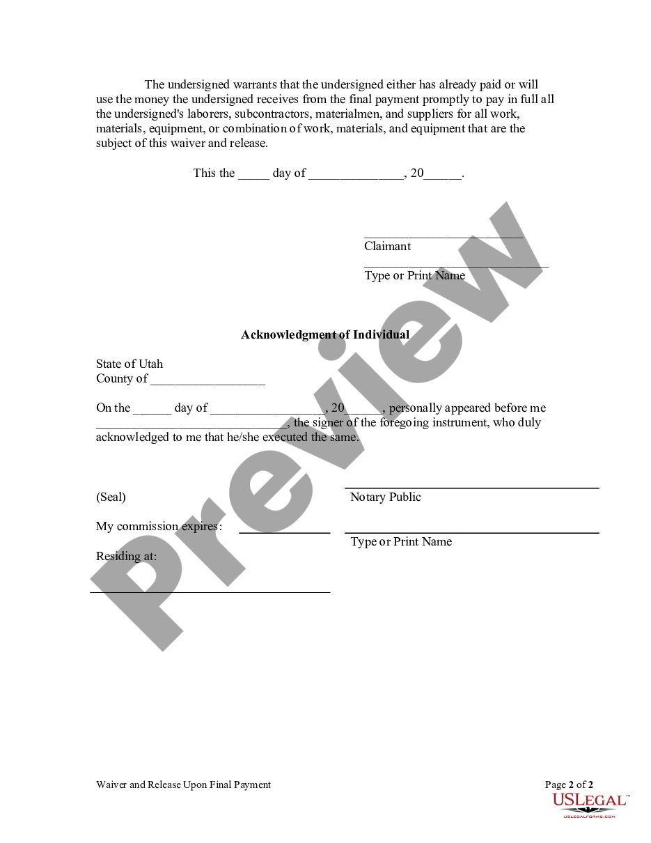 Salt Lake City Utah Waiver And Release Upon Final Payment Individual Us Legal Forms 1006