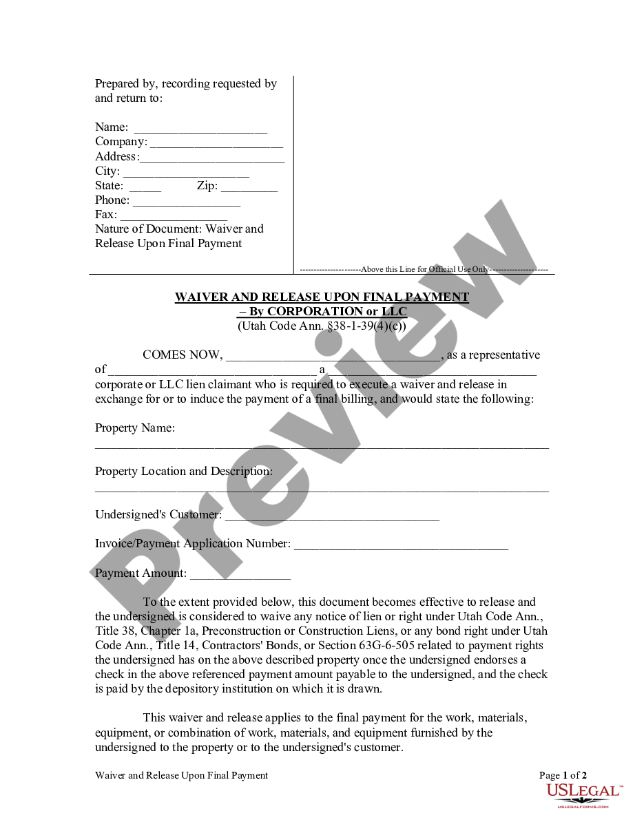 Utah Waiver And Release Upon Final Payment Corporation Utah Waiver Final Payment Ut Us 5750
