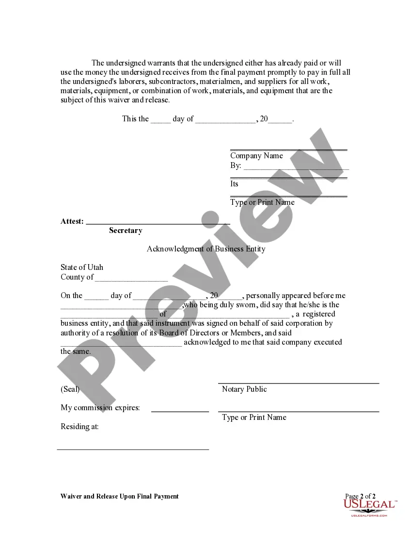 Preview Waiver and Release Upon Final Payment - Corporation