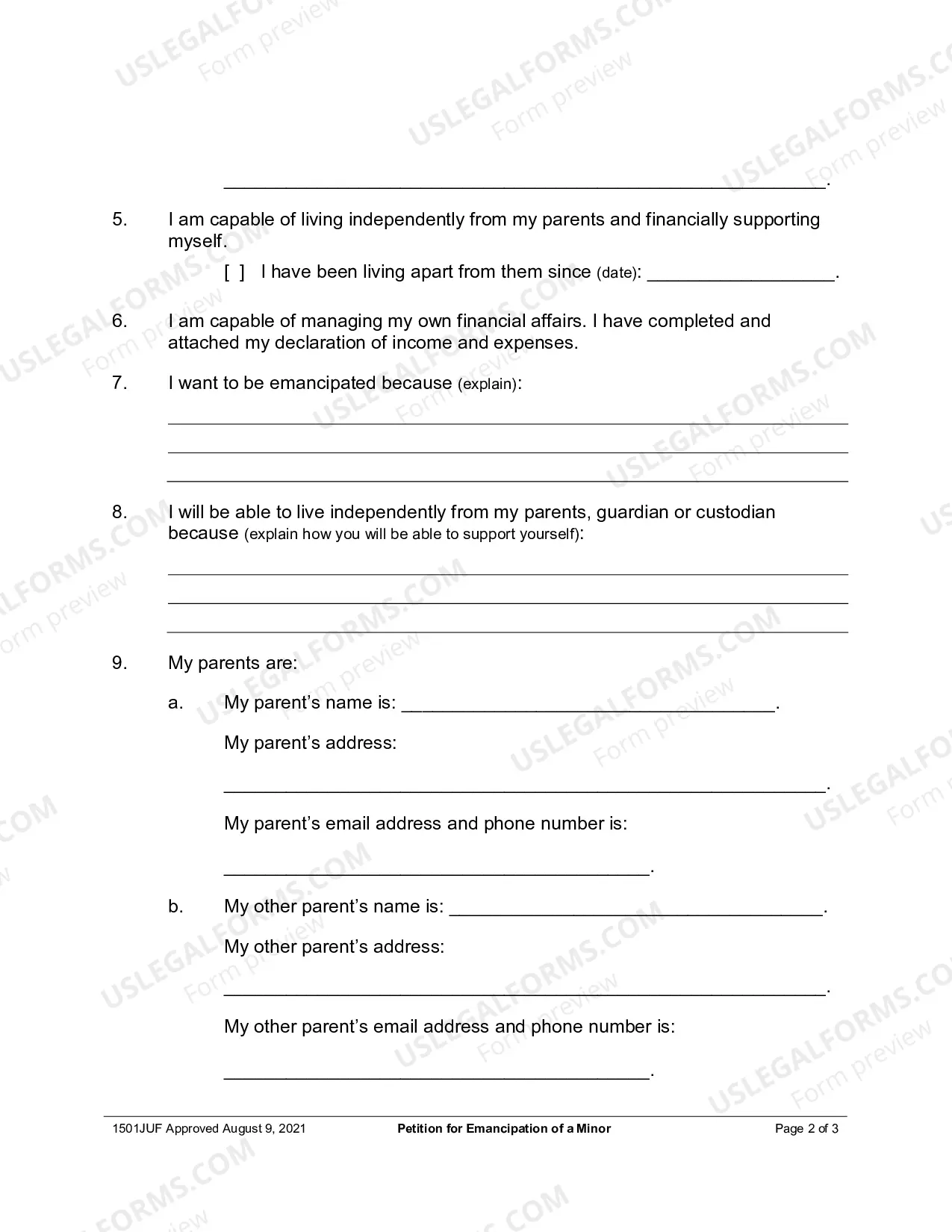 Preview Petition for Emancipation of a Minor