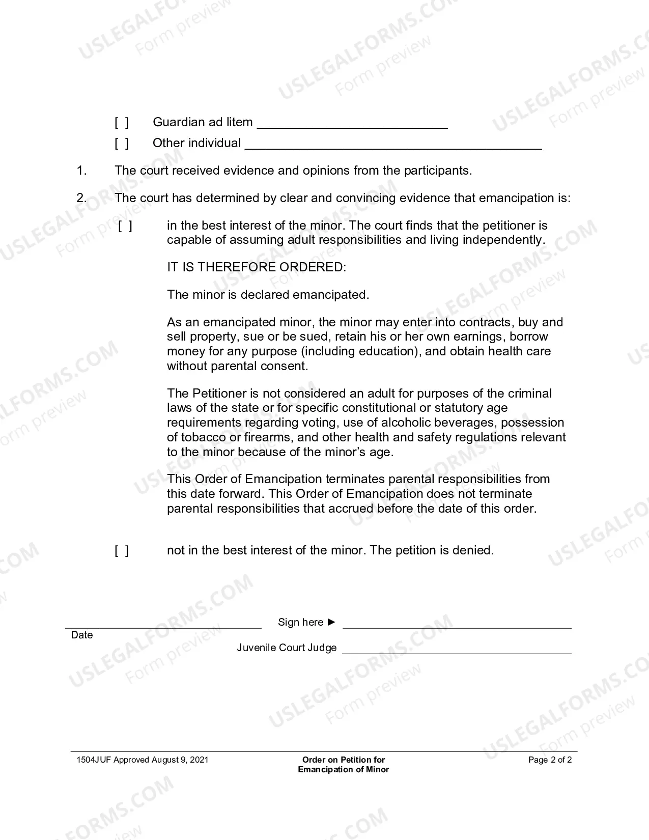 Preview Order on Petition for Declaration of Emancipation of a Minor
