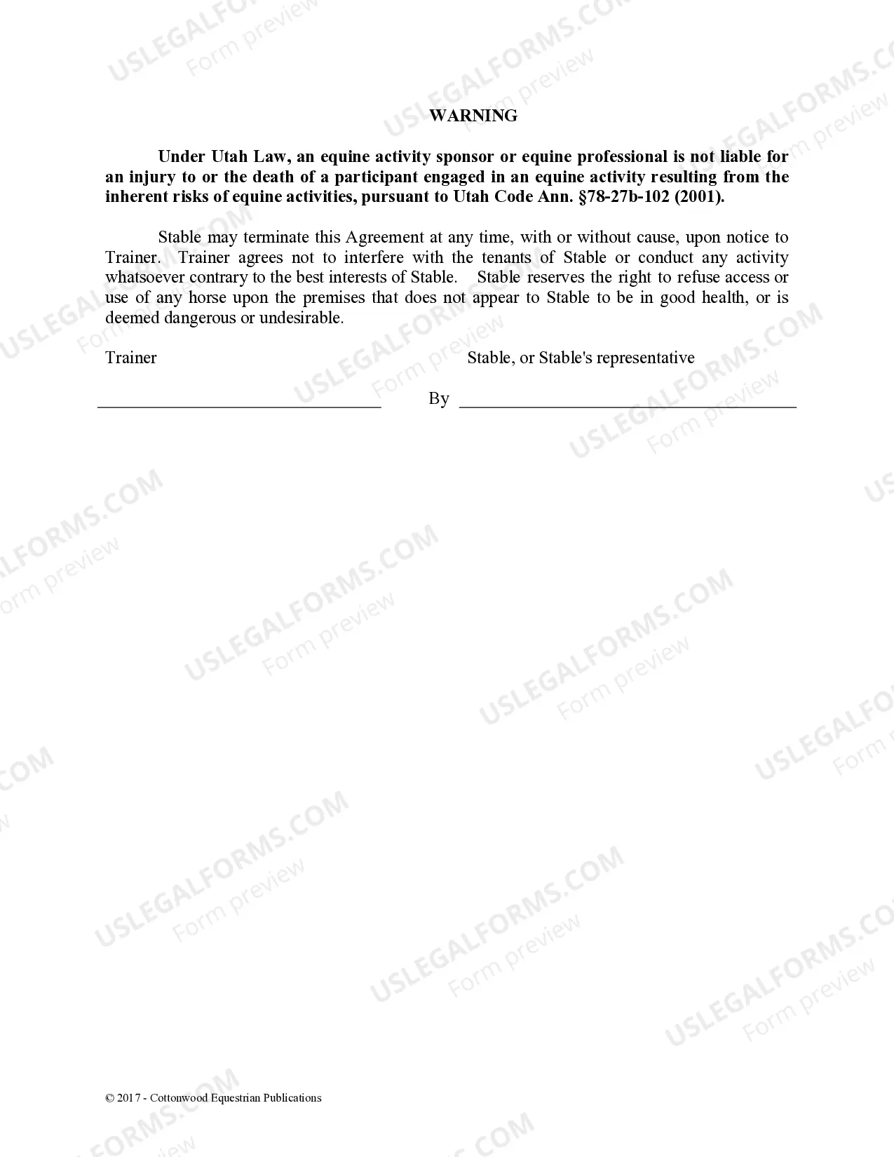 Preview Trainer's Facility Use Agreement - Horse Equine Forms