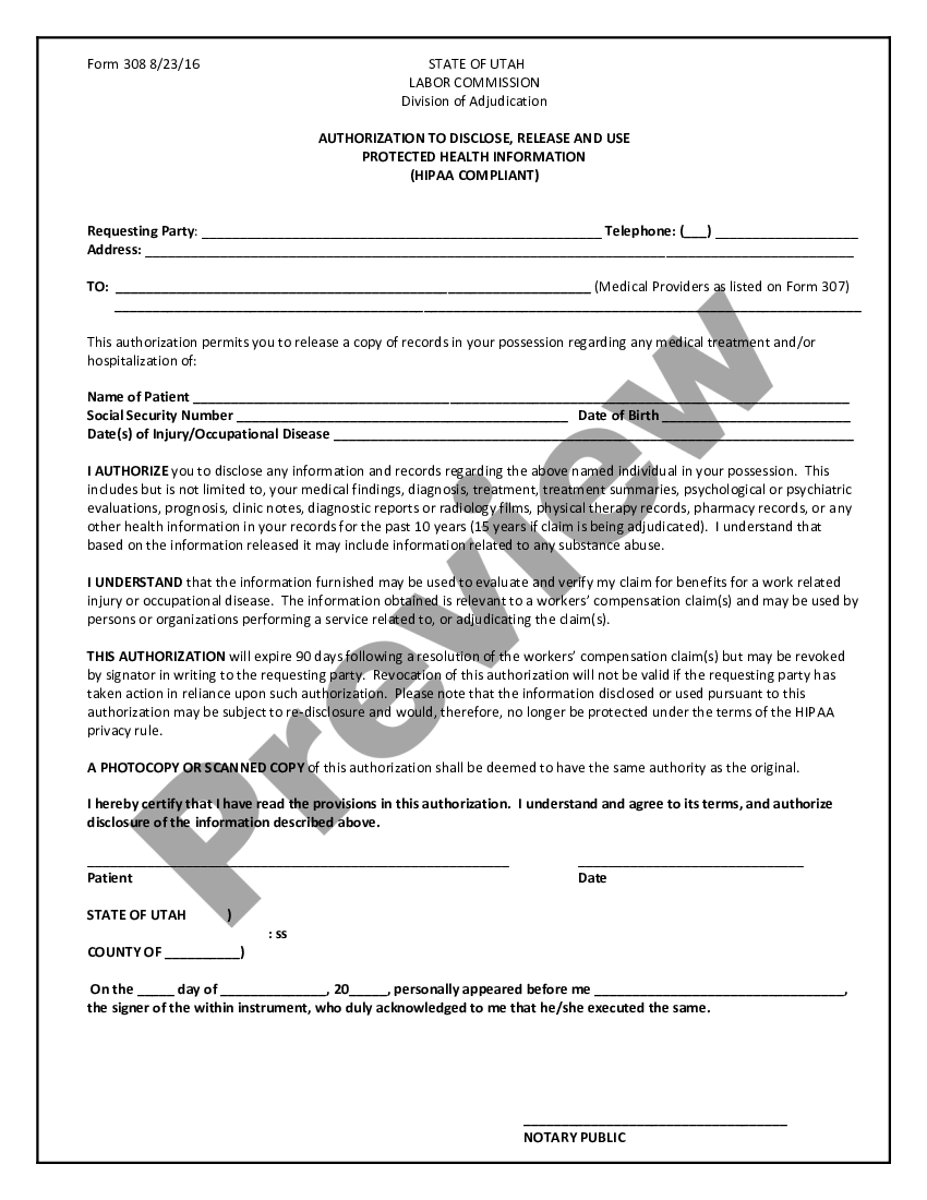 Utah Authorization to Disclose - Hipaa Release Form Utah | US Legal Forms