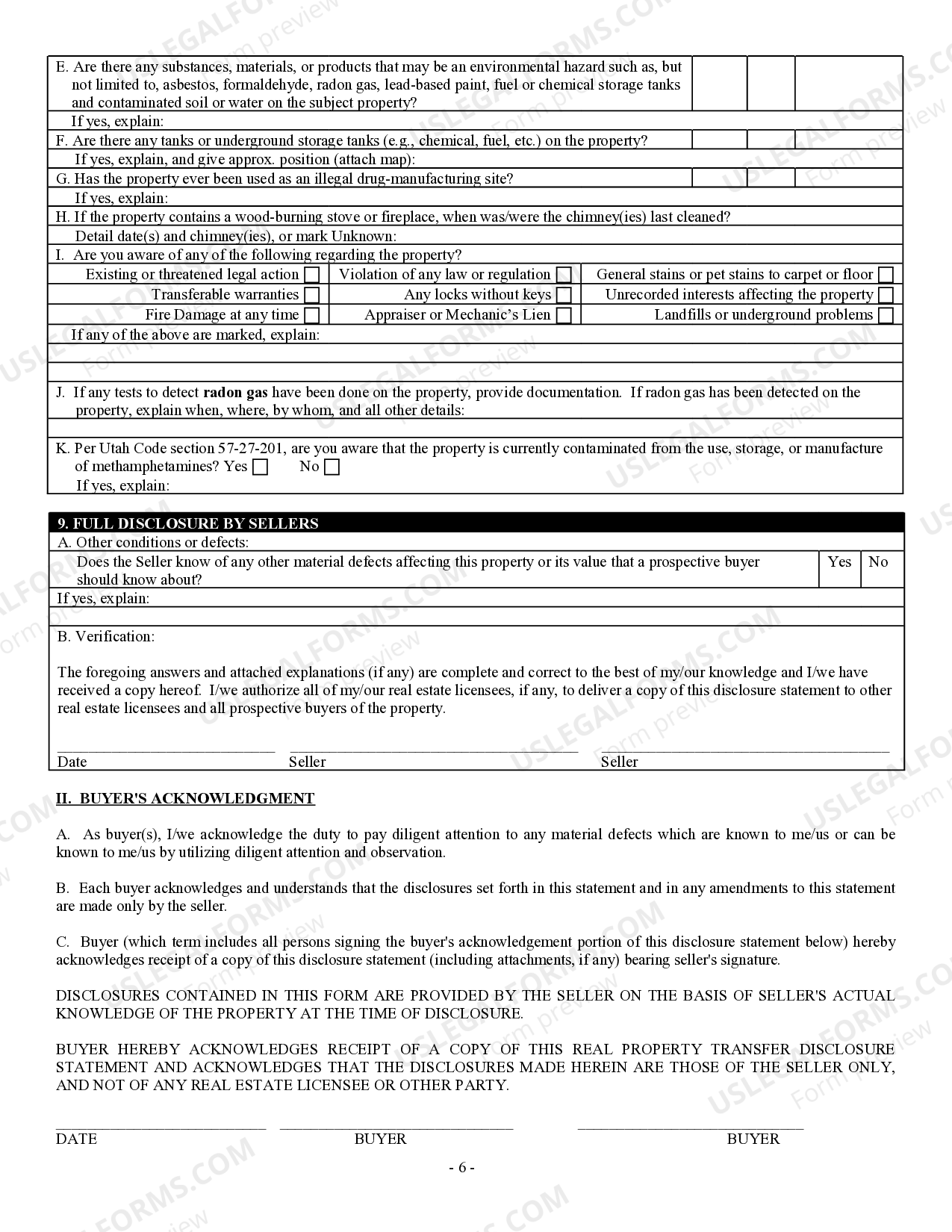 Utah Residential Real Estate Sales Disclosure Statement Utah Real Estate Disclosure Form US