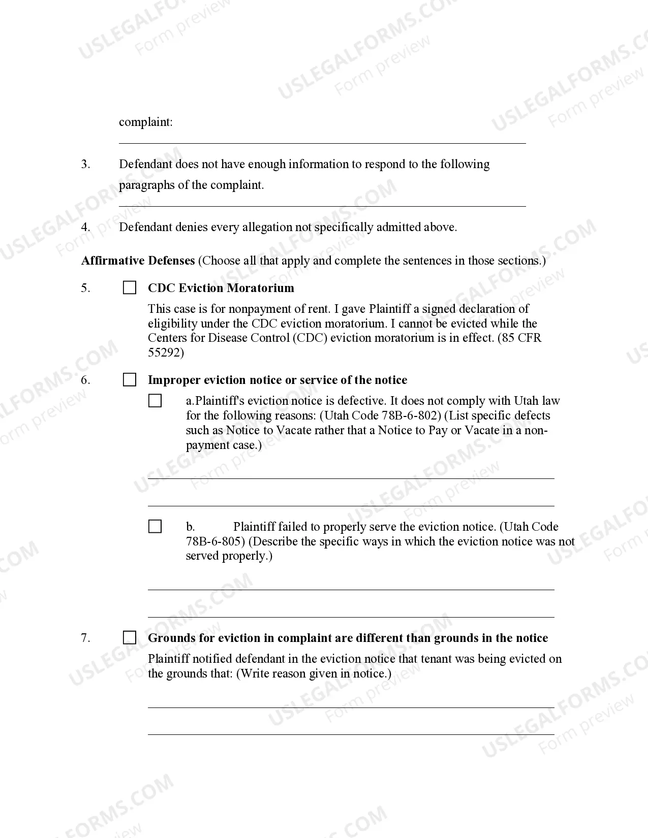 Preview Utah Defendant's Answer to Unlawful Detainer