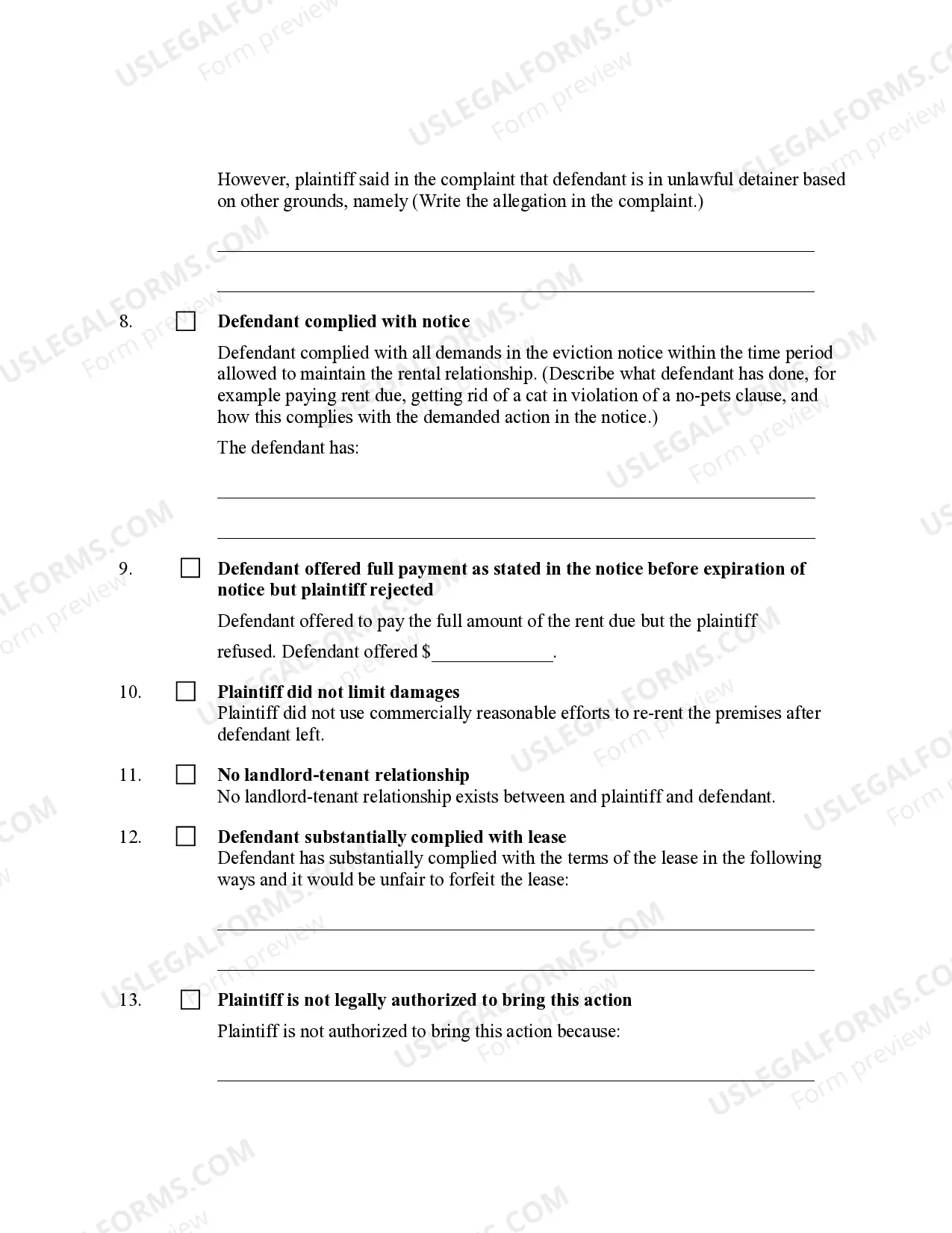 Preview Utah Defendant's Answer to Unlawful Detainer