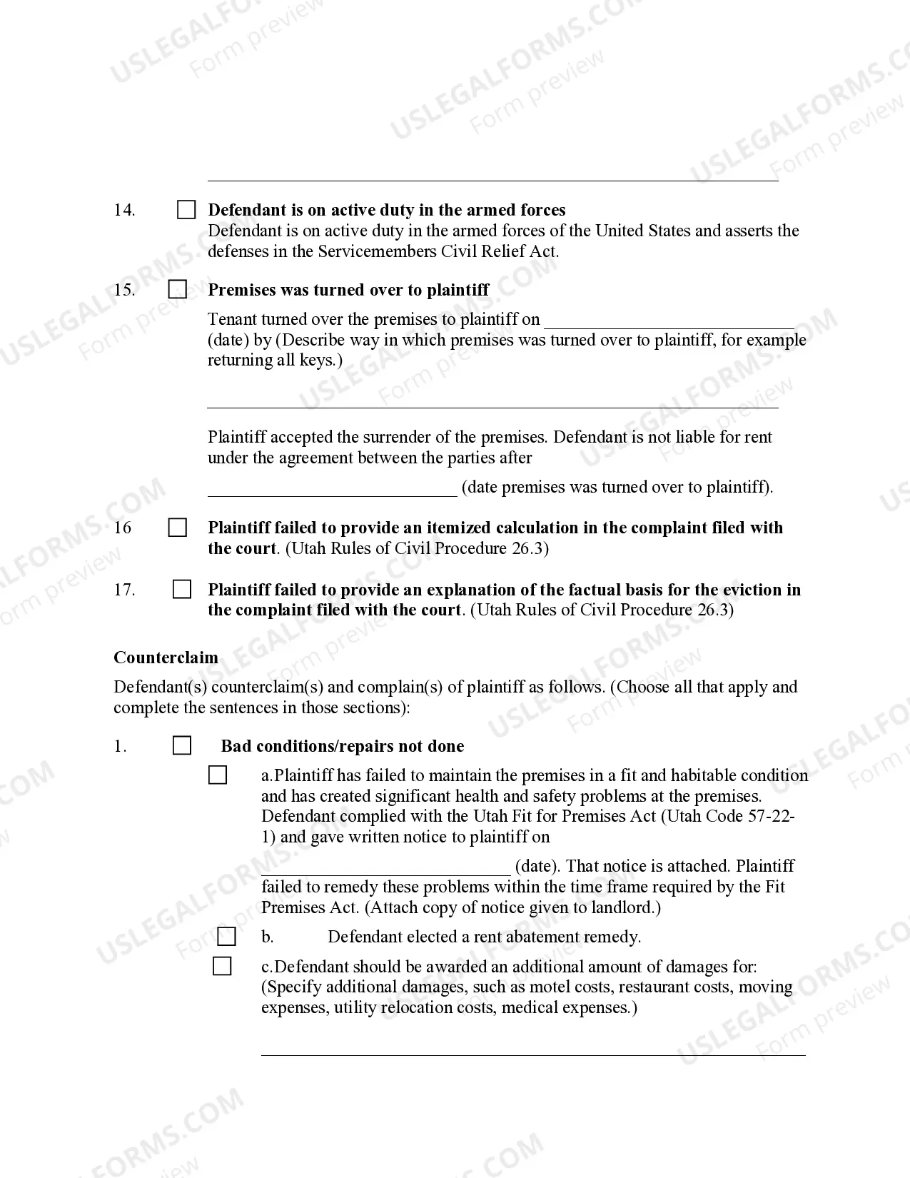 Preview Utah Defendant's Answer to Unlawful Detainer