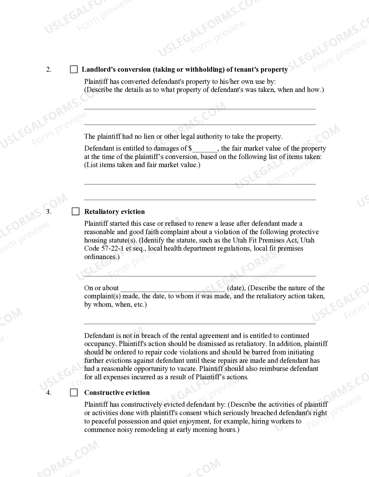 Preview Utah Defendant's Answer to Unlawful Detainer