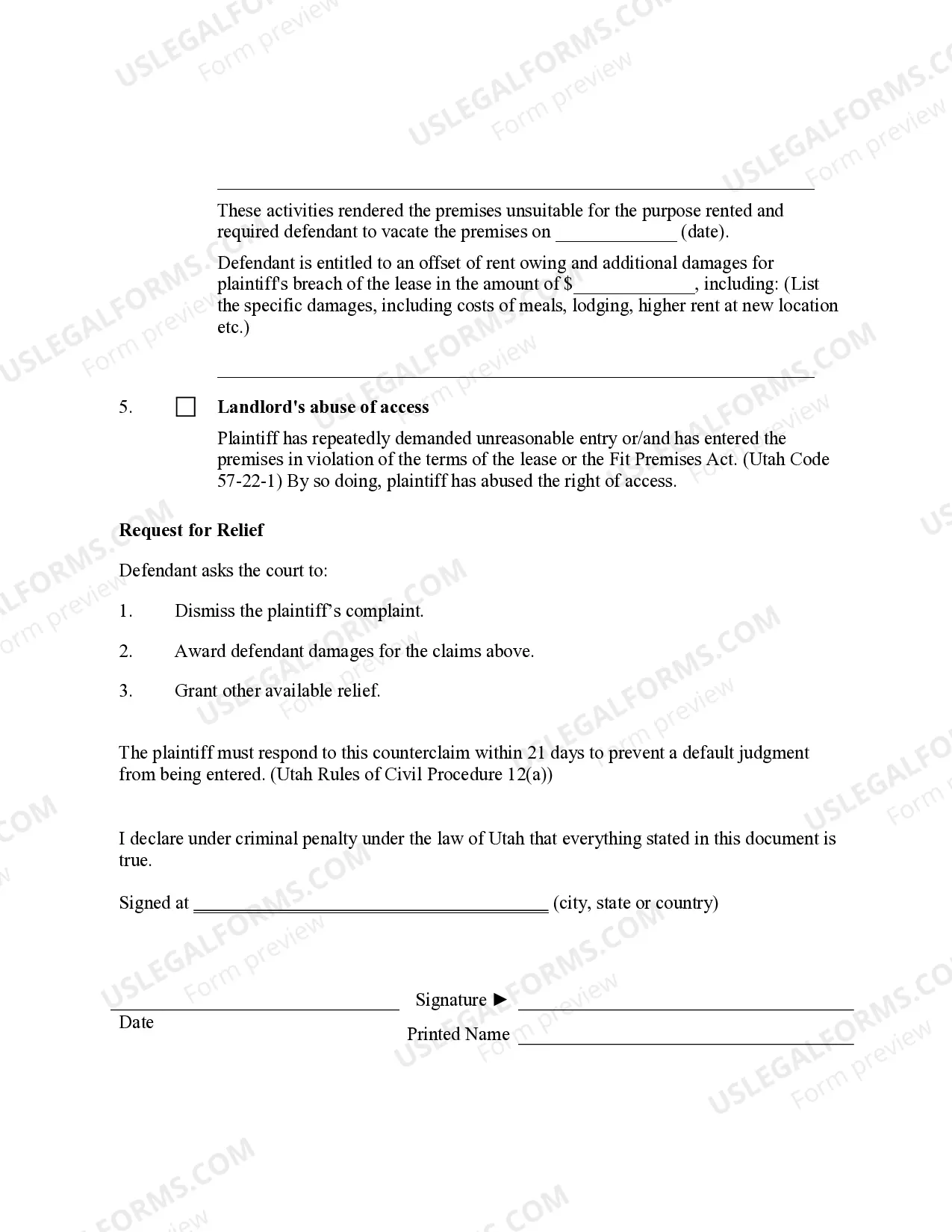 Preview Utah Defendant's Answer to Unlawful Detainer