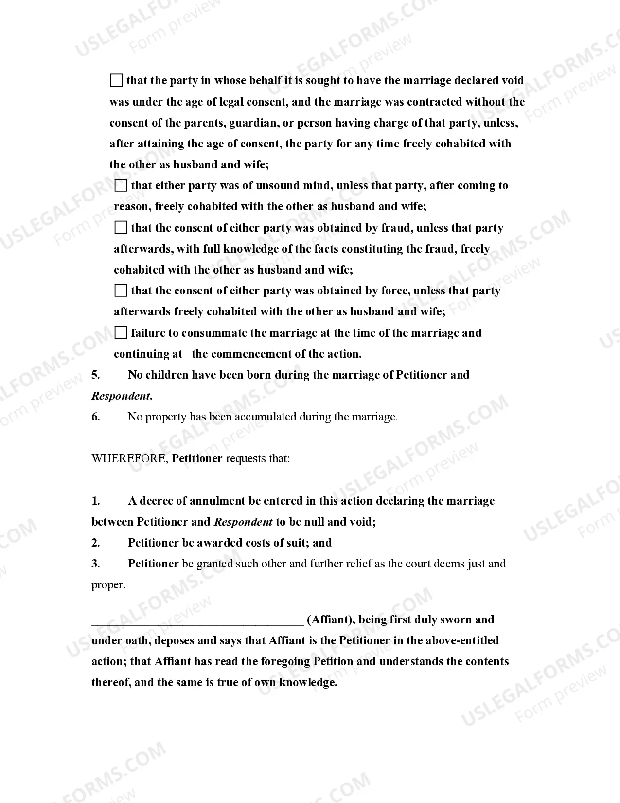 Preview Petition to Annul Marriage