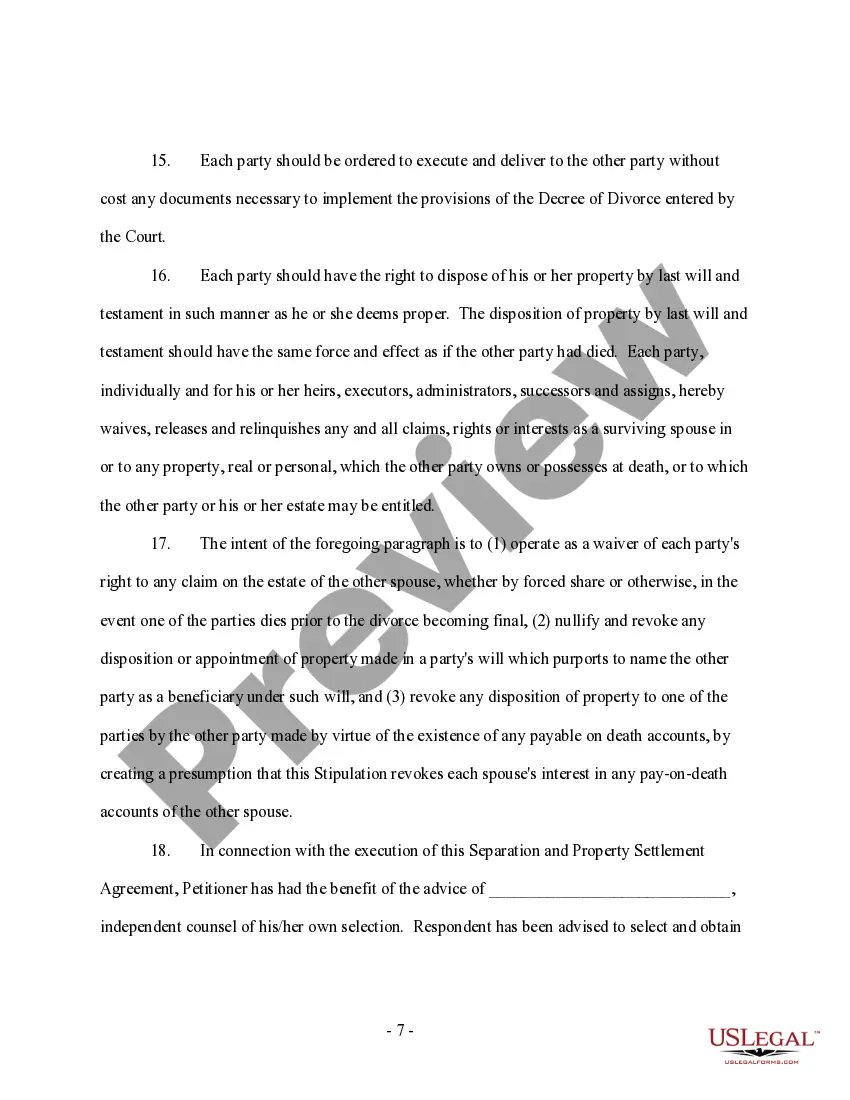 Preview Marital Domestic Separation and Property Settlement Agreement Adult Children