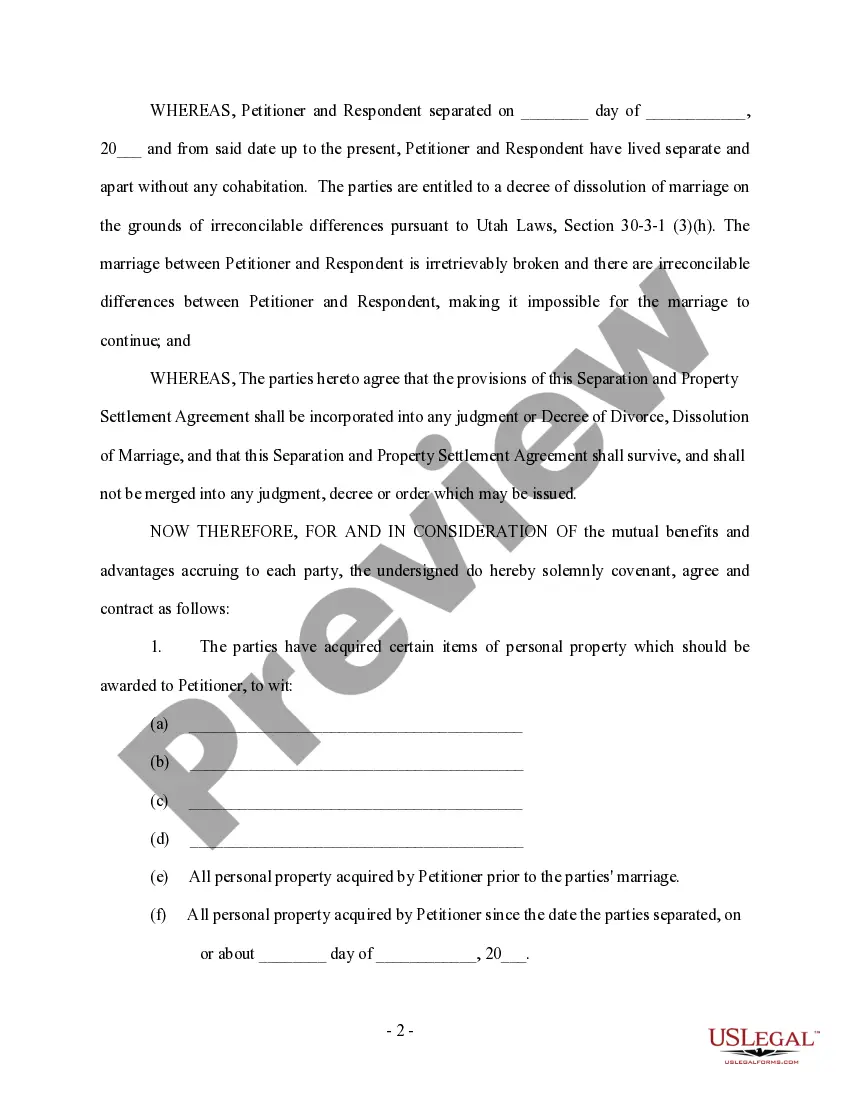 Get Marital Domestic Separation and Property Settlement Agreement no children Preview Marital Domestic Separation and Property Settlement Agreement no children