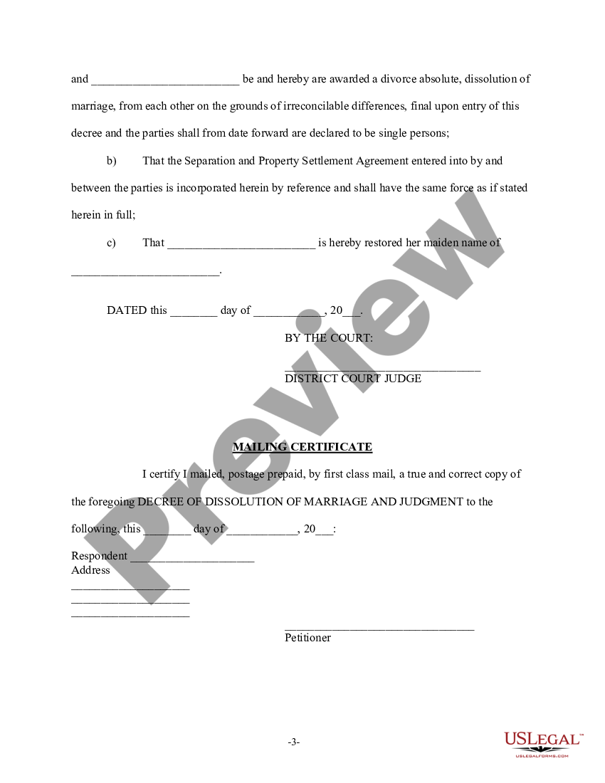 West Valley City Utah Decree of Dissolution - no children | US Legal Forms