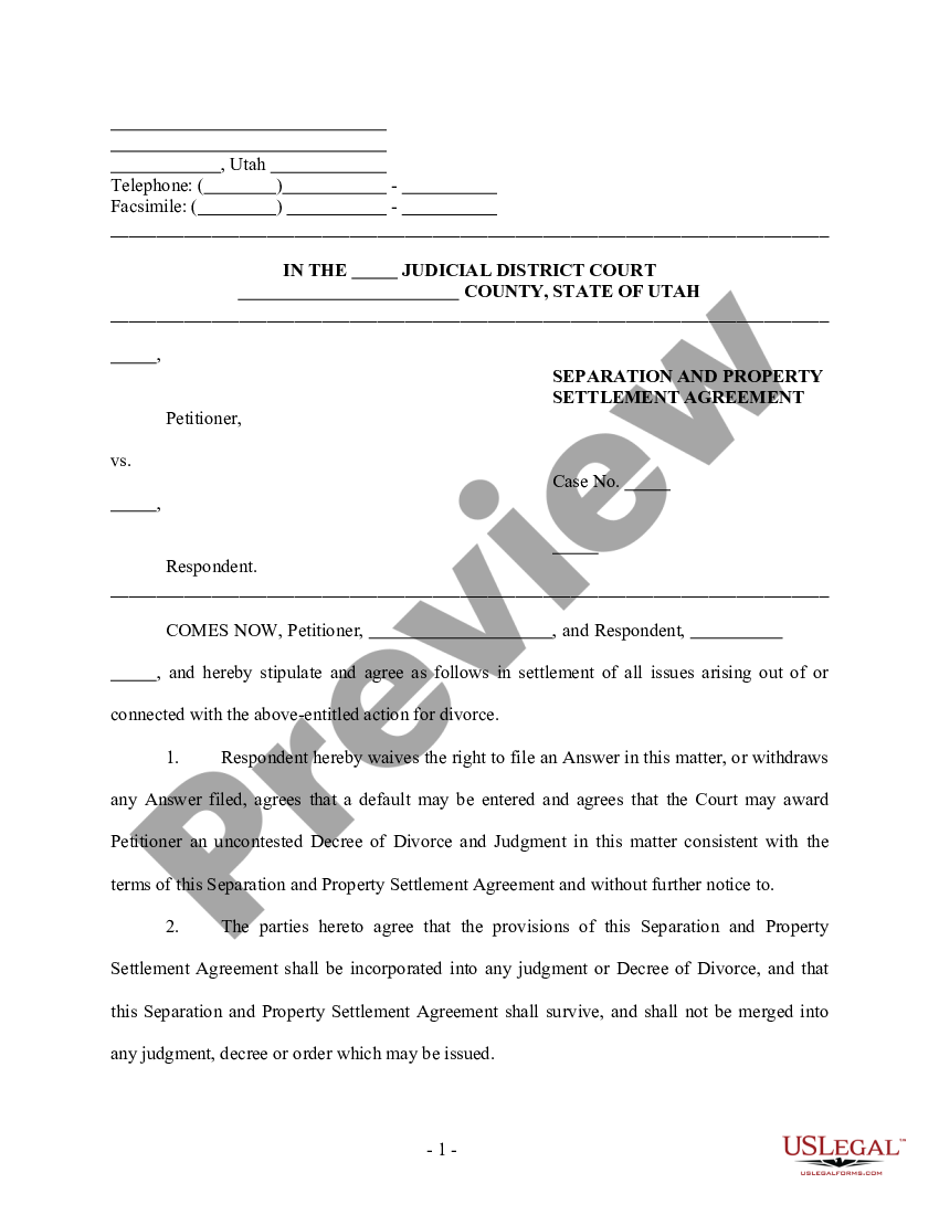 Utah Separation and Property Settlement Agreement | US Legal Forms