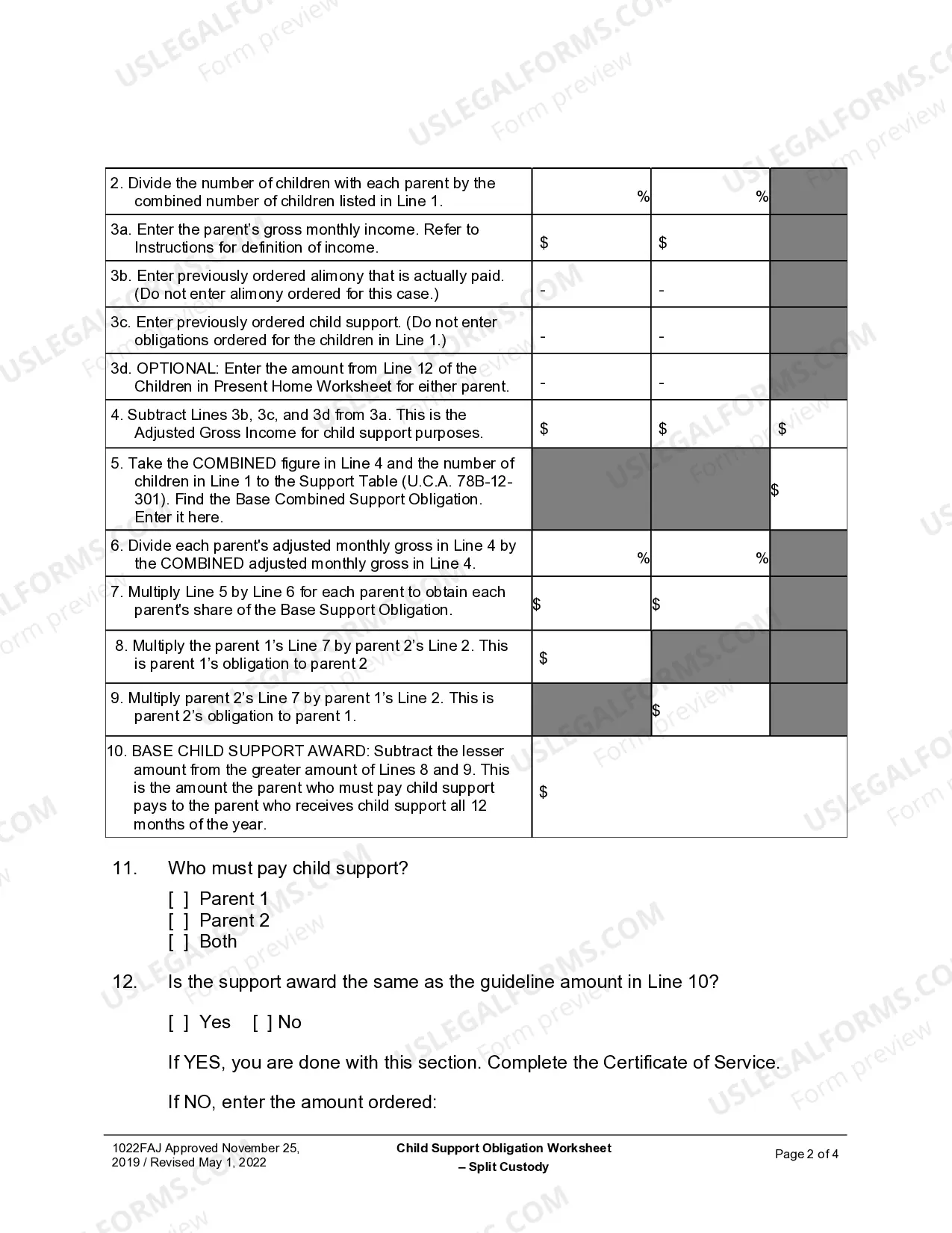 Preview Child Support Obligation Worksheet - Split Custody