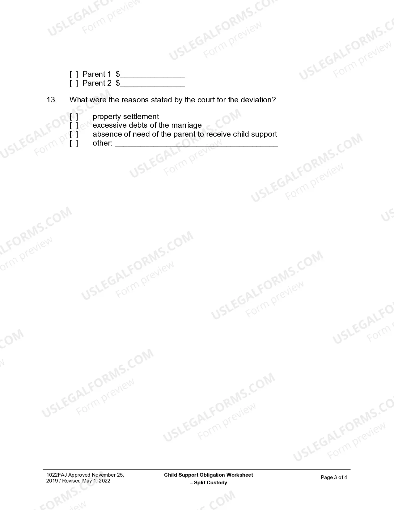 Preview Child Support Obligation Worksheet - Split Custody