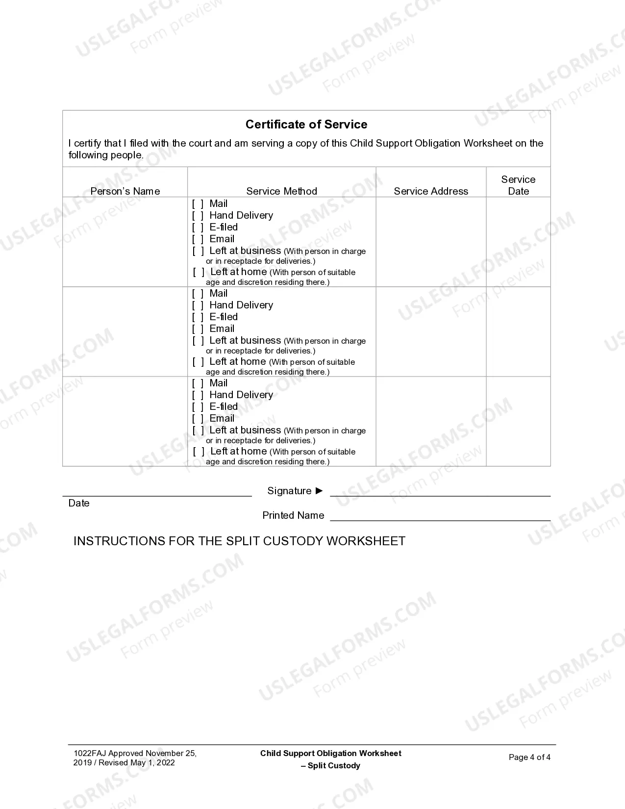 Preview Child Support Obligation Worksheet - Split Custody