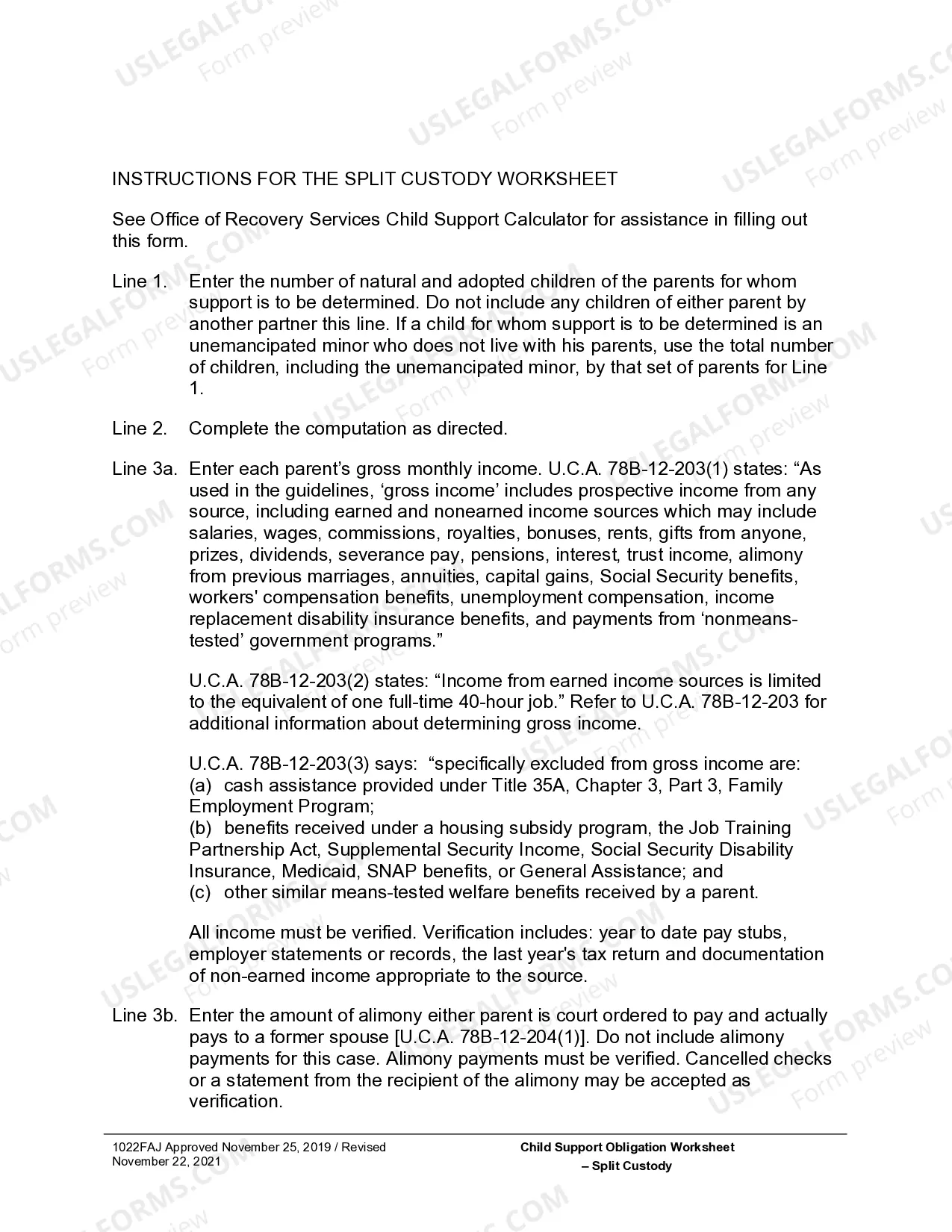 Preview Child Support Obligation Worksheet - Split Custody