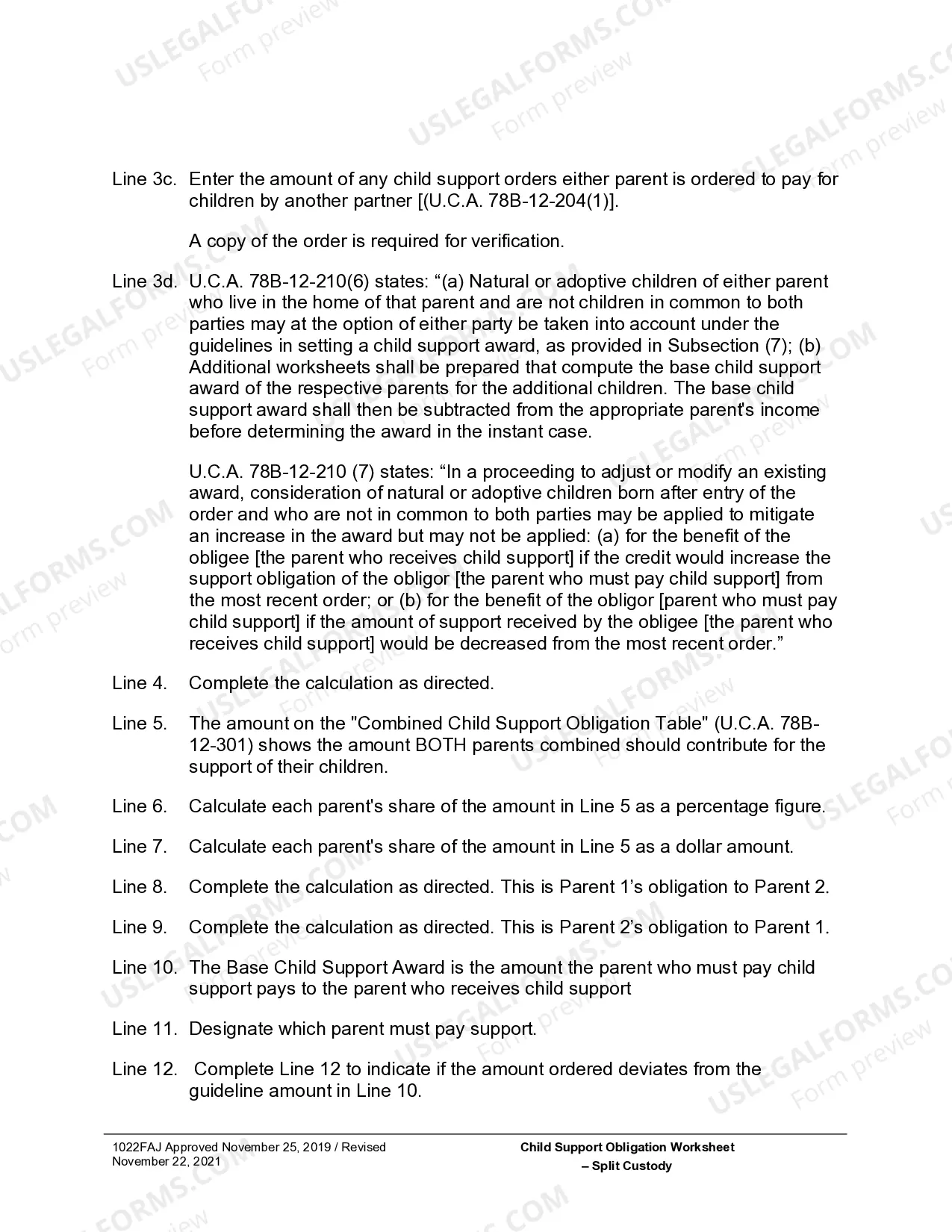 Preview Child Support Obligation Worksheet - Split Custody