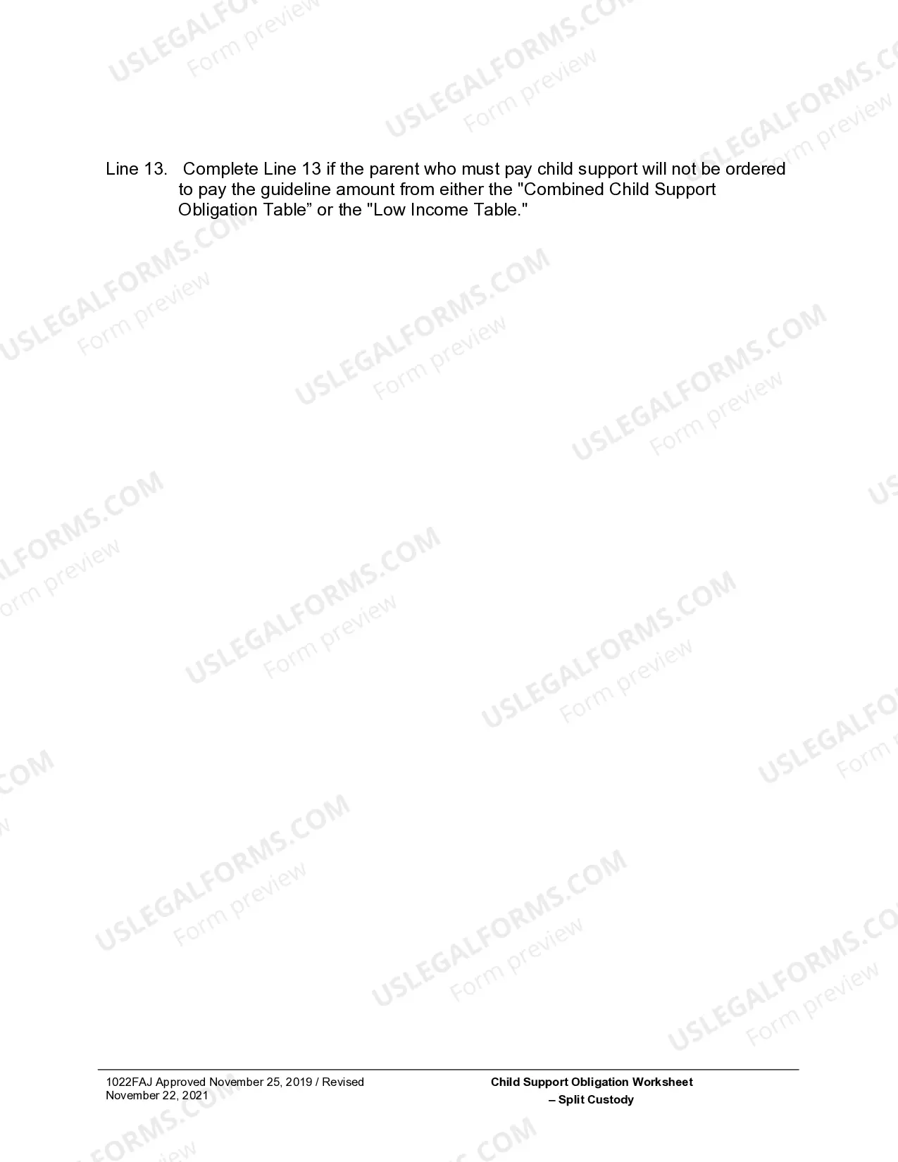 Preview Child Support Obligation Worksheet - Split Custody