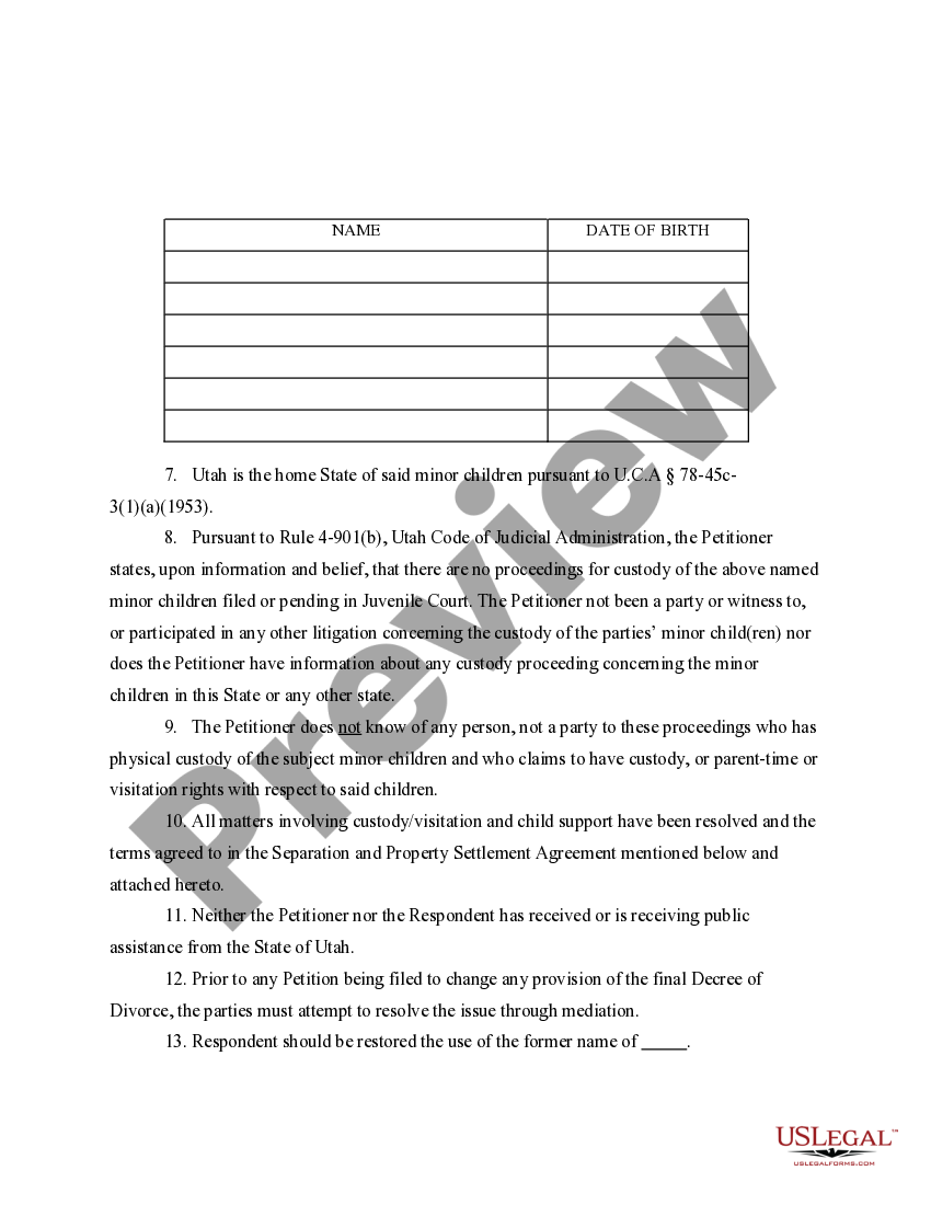 utah verified petition for divorce with minor children