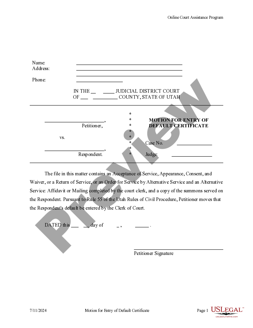 Utah Motion for Entry of Default Certificate US Legal Forms