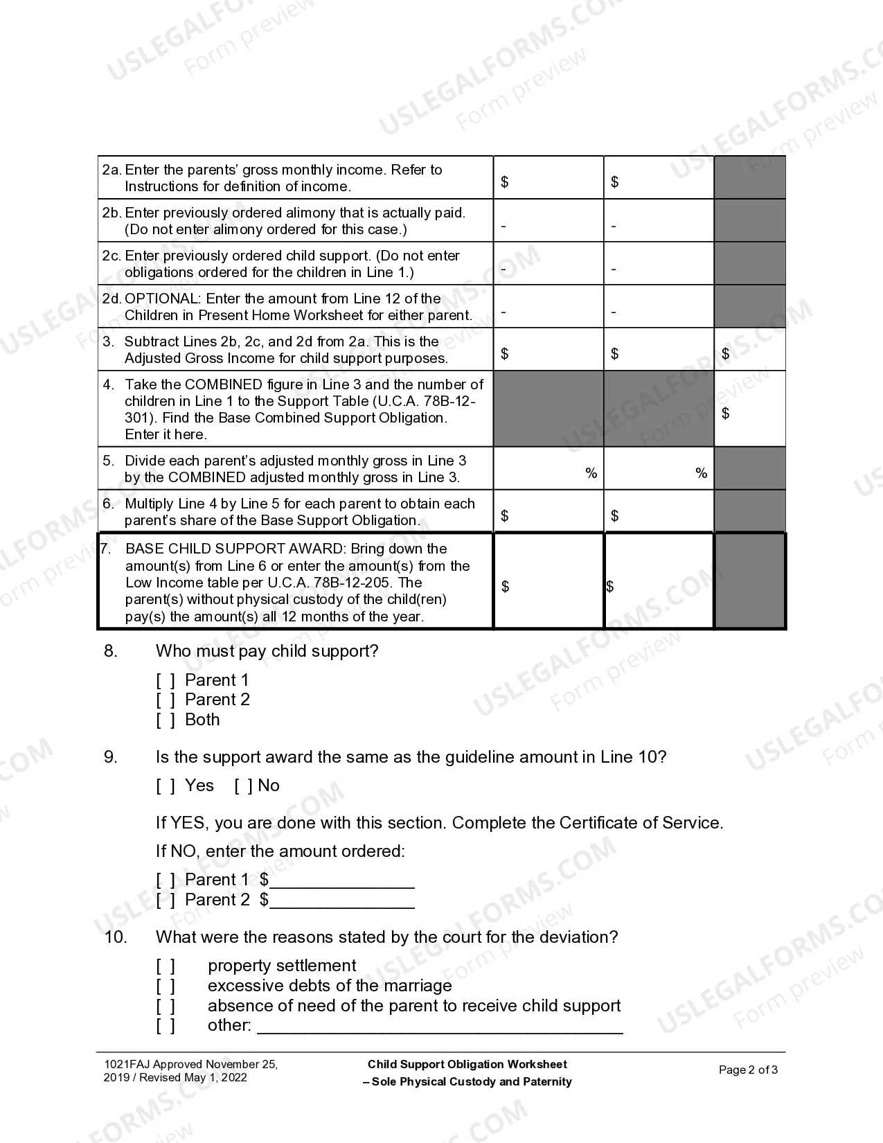 Preview Child Support Obligation Worksheet for Sole Custody