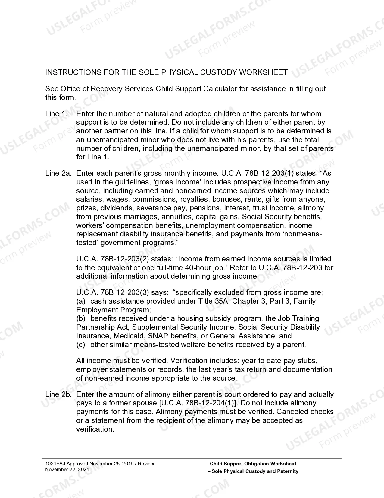 Preview Child Support Obligation Worksheet for Sole Custody