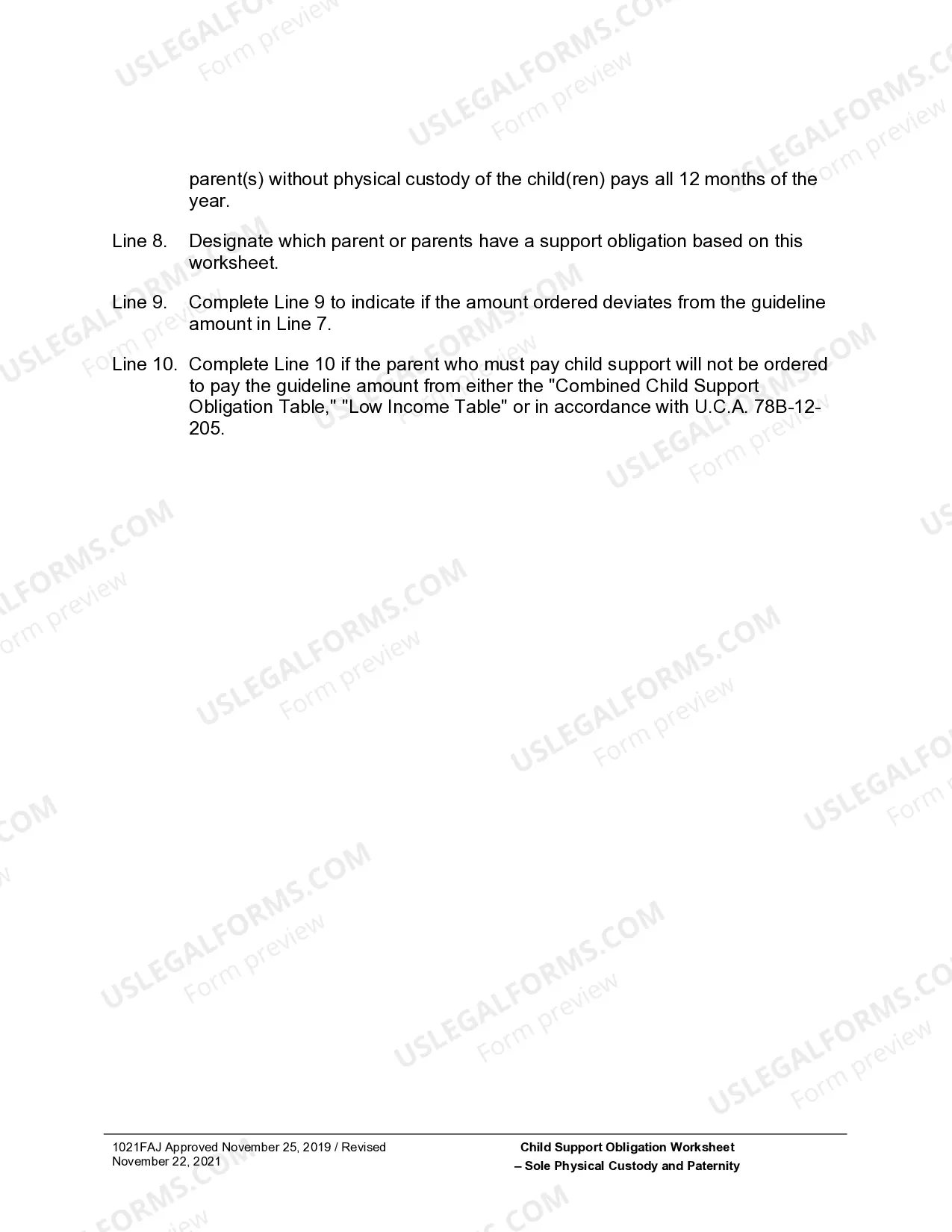 Preview Child Support Obligation Worksheet for Sole Custody