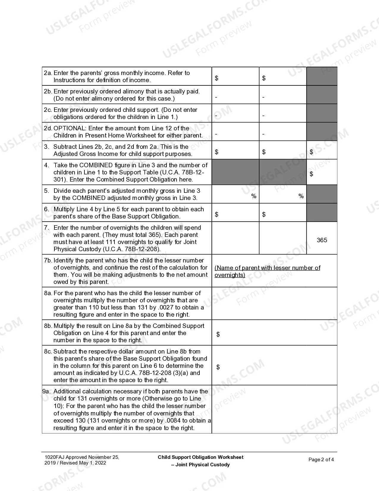 Preview Child Support Obligation Worksheet for Joint Custody