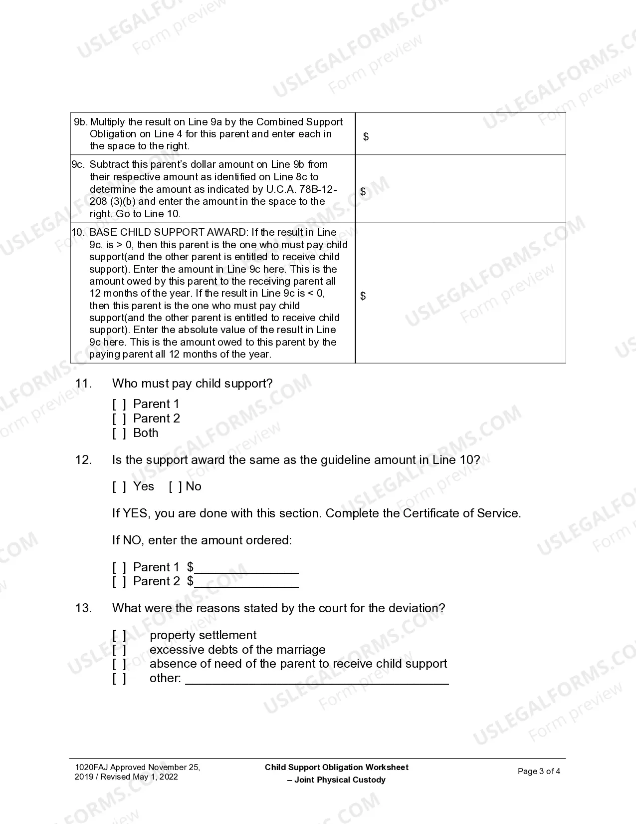 Preview Child Support Obligation Worksheet for Joint Custody