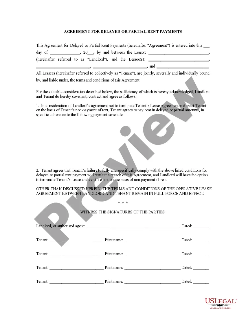 Get Agreement for Delayed or Partial Rent Payments Preview Agreement for Delayed or Partial Rent Payments