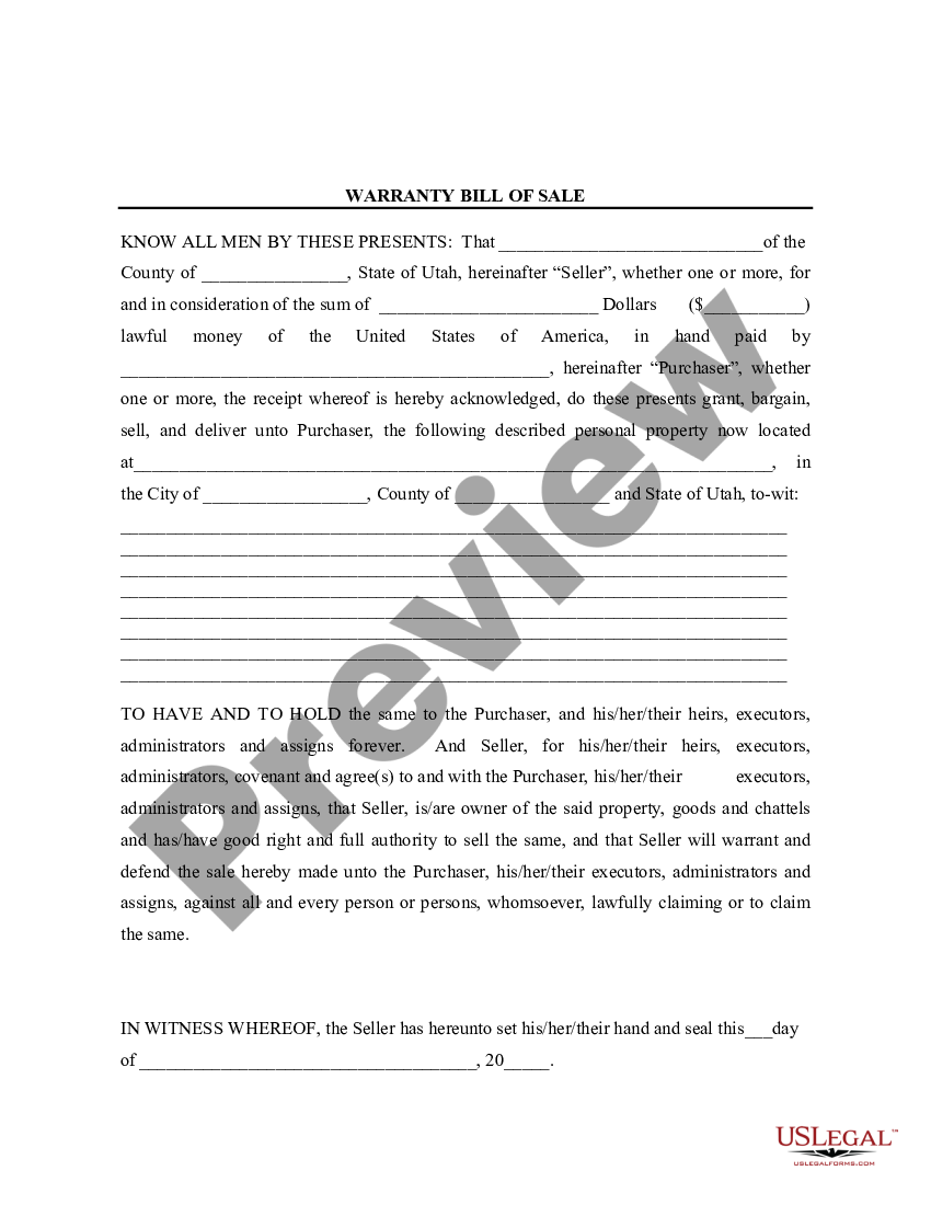 Bill Of Sale Form Utah With Deposit US Legal Forms