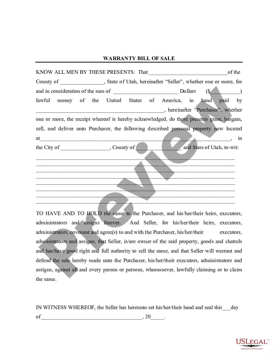Utah Bill Of Sale With Warranty By Individual Seller Utah Bill Of Sale Filled Out Example Us 6860
