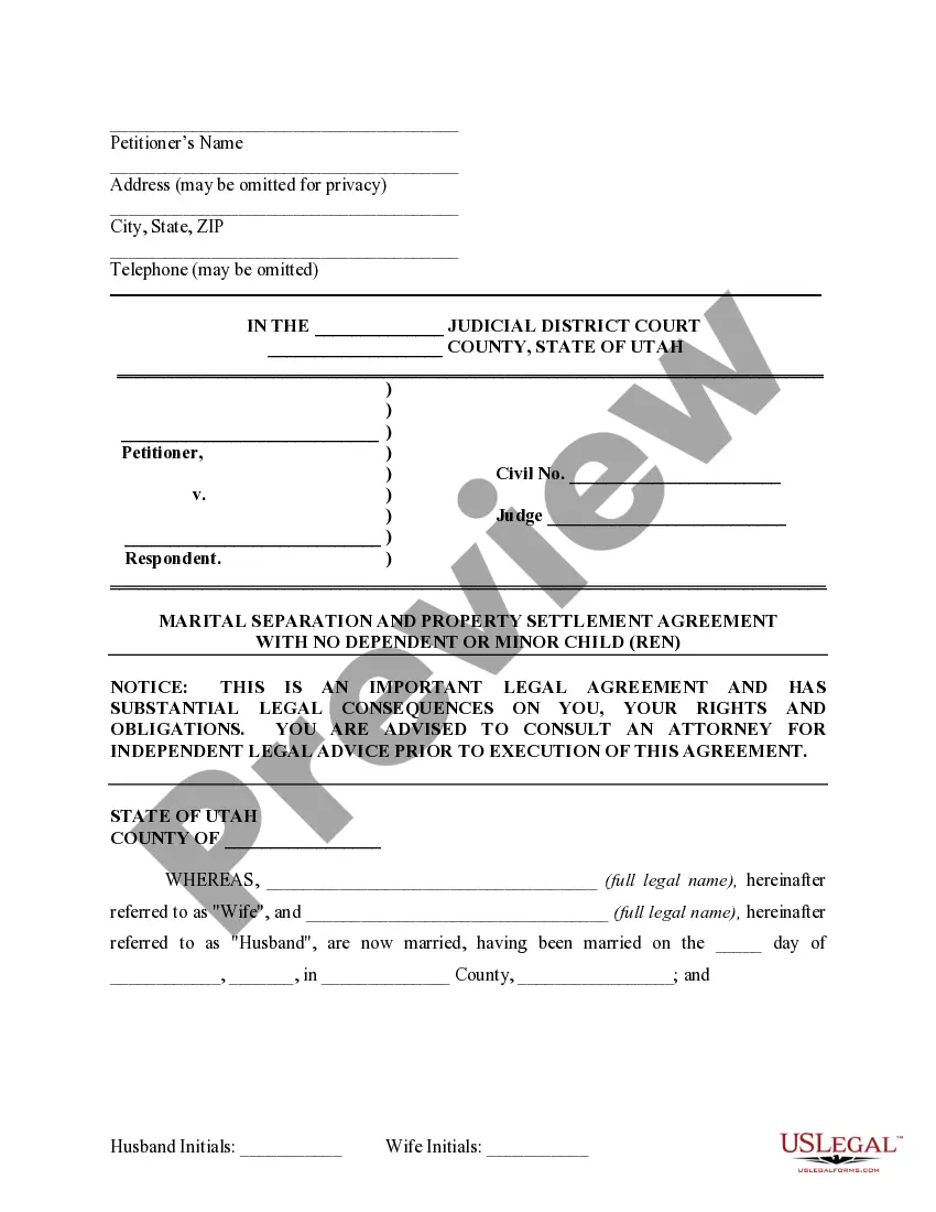 Get Marital Domestic Separation and Property Settlement Agreement for persons with No Children, No Joint Property or Debts where Divorce Action Filed Preview Marital Domestic Separation and Property Settlement Agreement for persons with No Children, No Joint Property or Debts where Divorce Action Filed