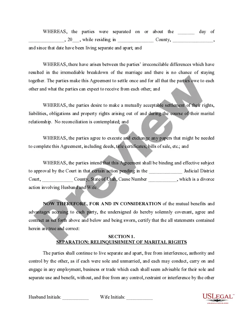 Get Marital Domestic Separation and Property Settlement Agreement for persons with No Children, No Joint Property or Debts where Divorce Action Filed Preview Marital Domestic Separation and Property Settlement Agreement for persons with No Children, No Joint Property or Debts where Divorce Action Filed
