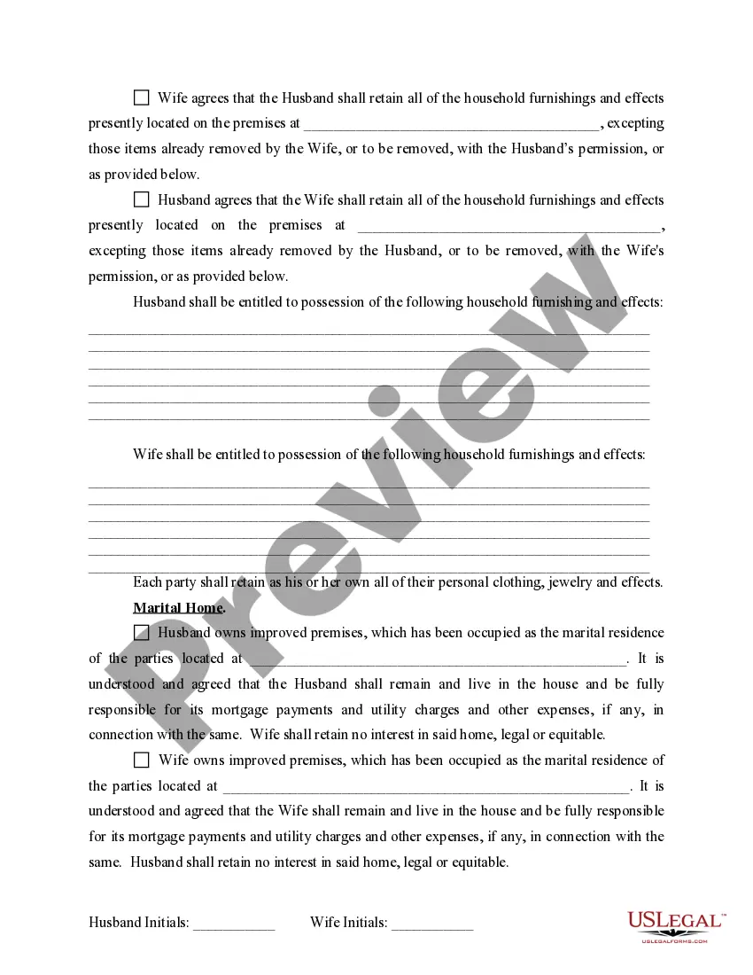 Get Marital Domestic Separation and Property Settlement Agreement for persons with No Children, No Joint Property or Debts where Divorce Action Filed Preview Marital Domestic Separation and Property Settlement Agreement for persons with No Children, No Joint Property or Debts where Divorce Action Filed